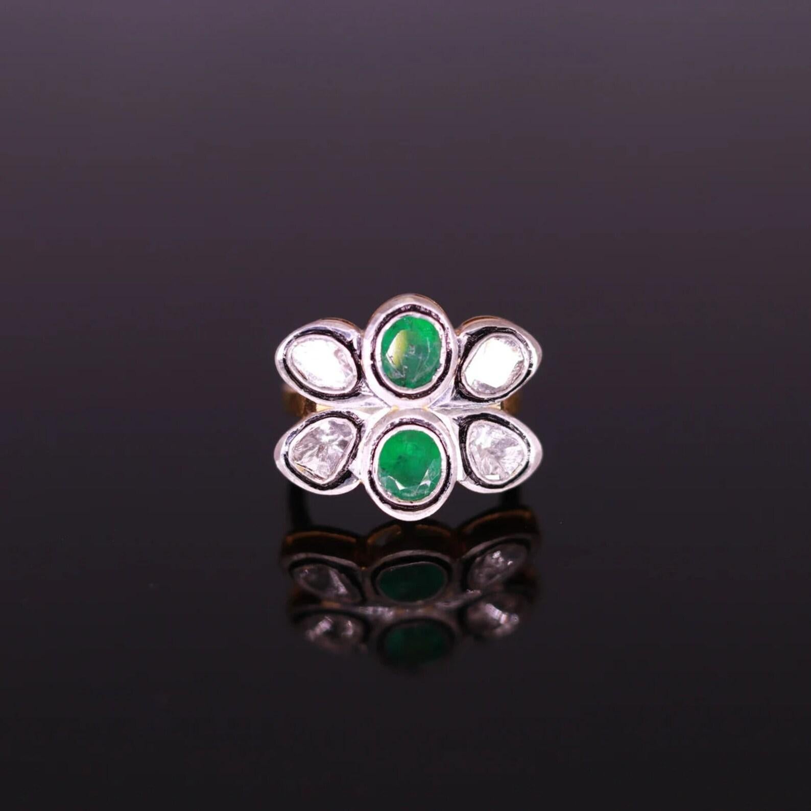 Natural Rose Cut Polki Diamond  and emerald Ring 925 Sterling Silver Handmade Vintage Ring

A P P R O X T I M E

All items are custom made to order. Our approx time is about 6 - 10 business days. This can change during peak season

Note: There May