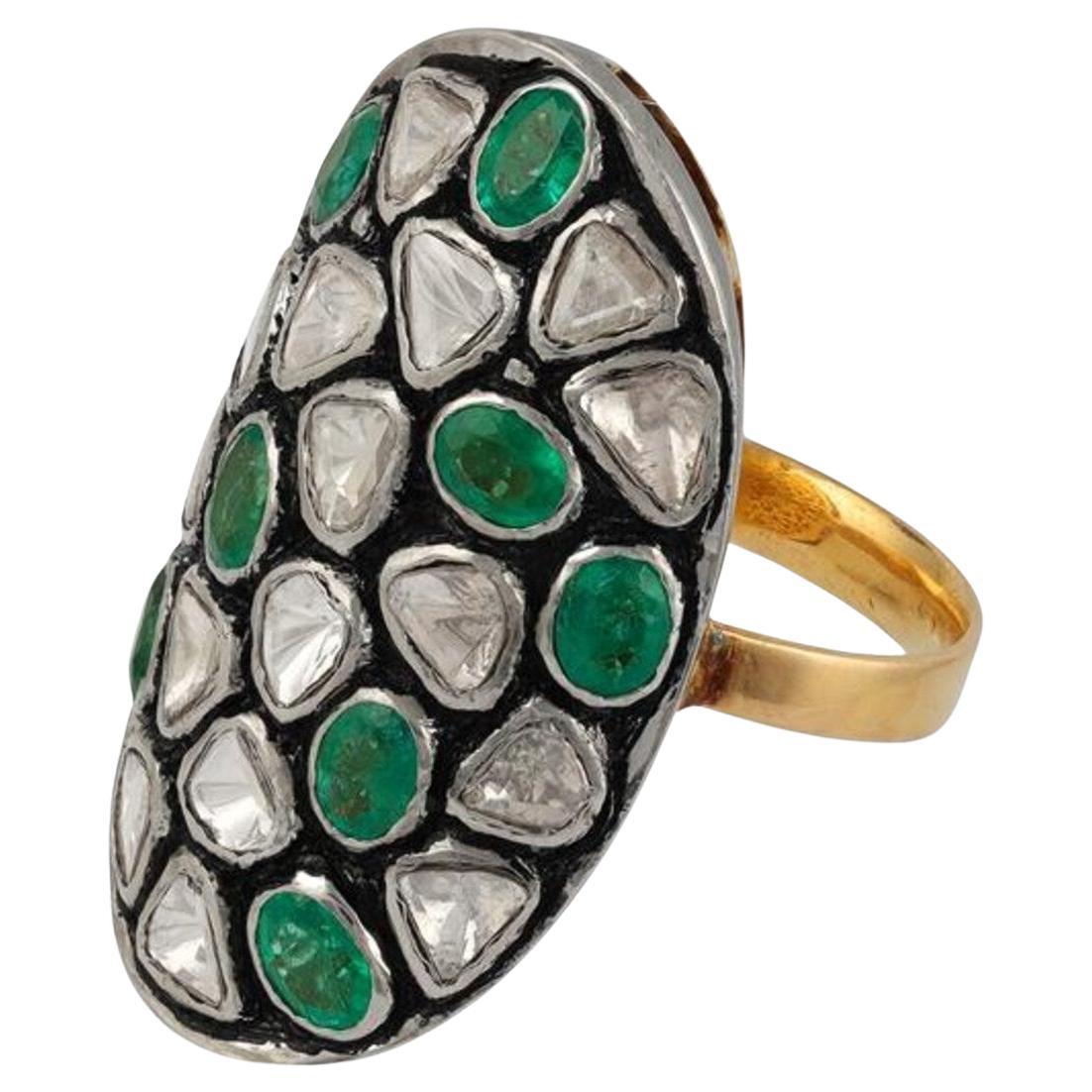 Natural Rose Cut Polki Diamond Emerald sterling Silver Handmade Vintage Ring.