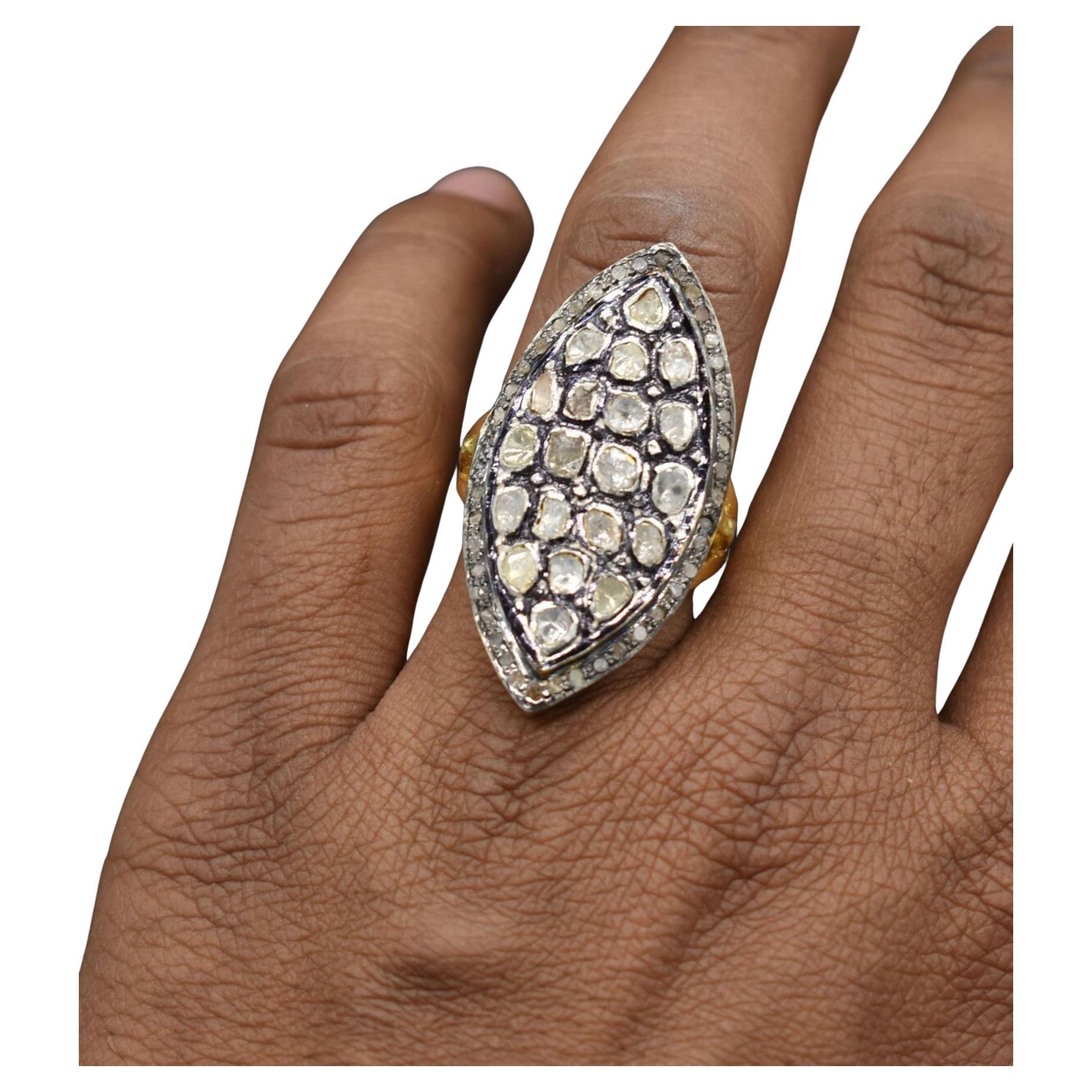 Natural Rose Cut Polki Diamond sterling Silver Handmade Vintage Ring.