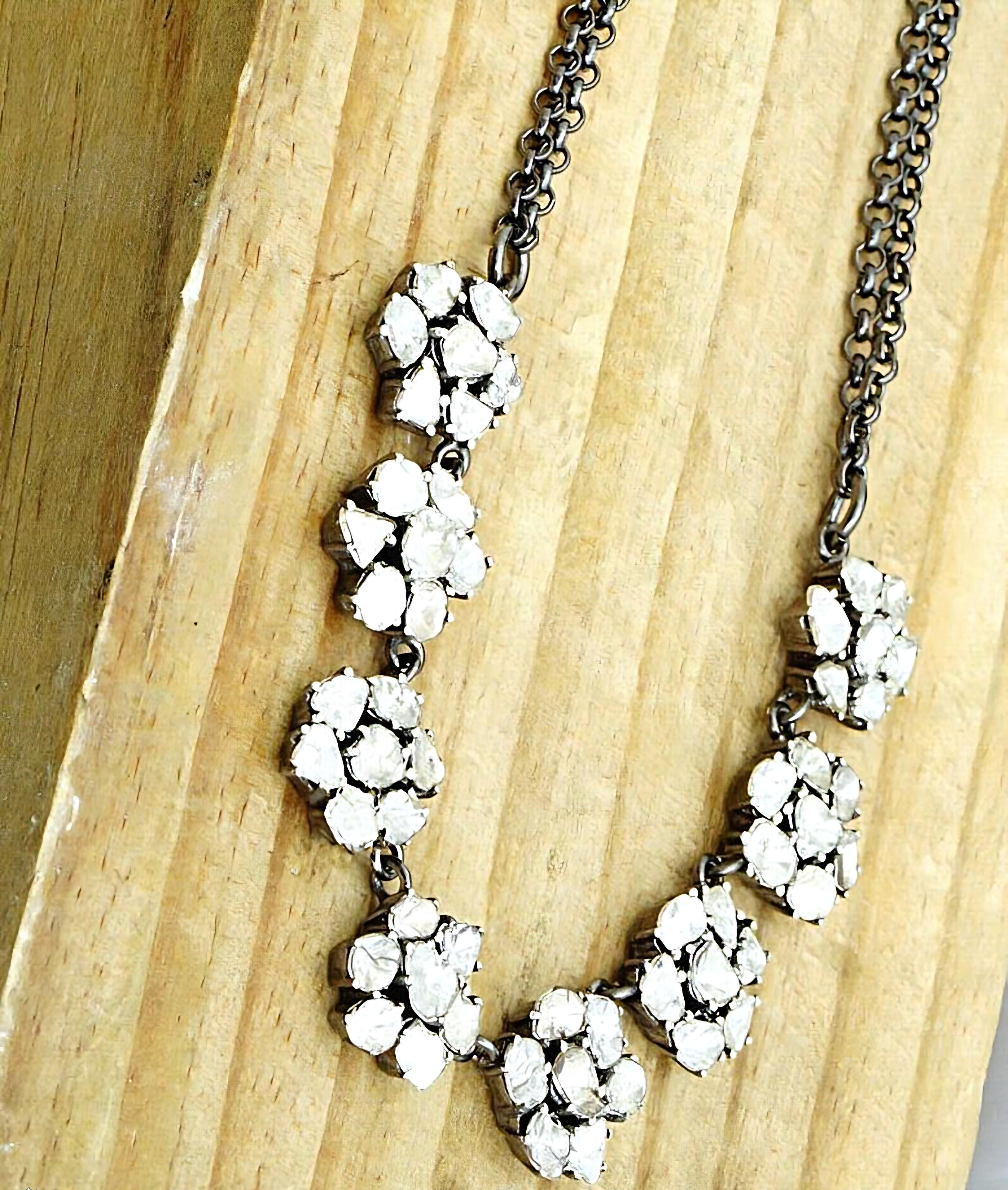Natural Rose Cut Polki Diamond Handmade Victorian Necklace 925 Sterling Silver For Sale 4