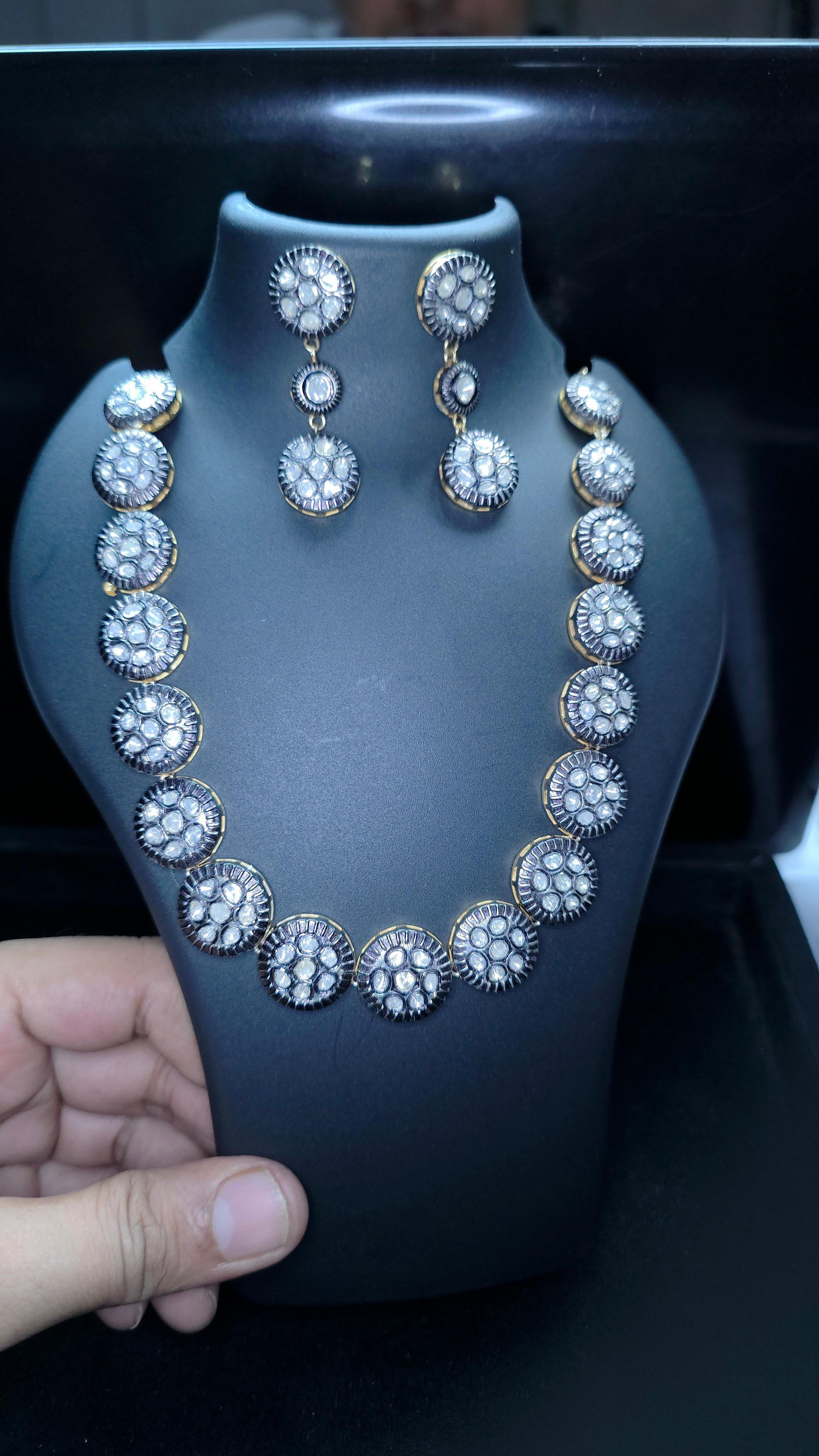 Collana vittoriana fatta a mano con diamante Nature Rose Cut Polki in argento 925 in vendita 6
