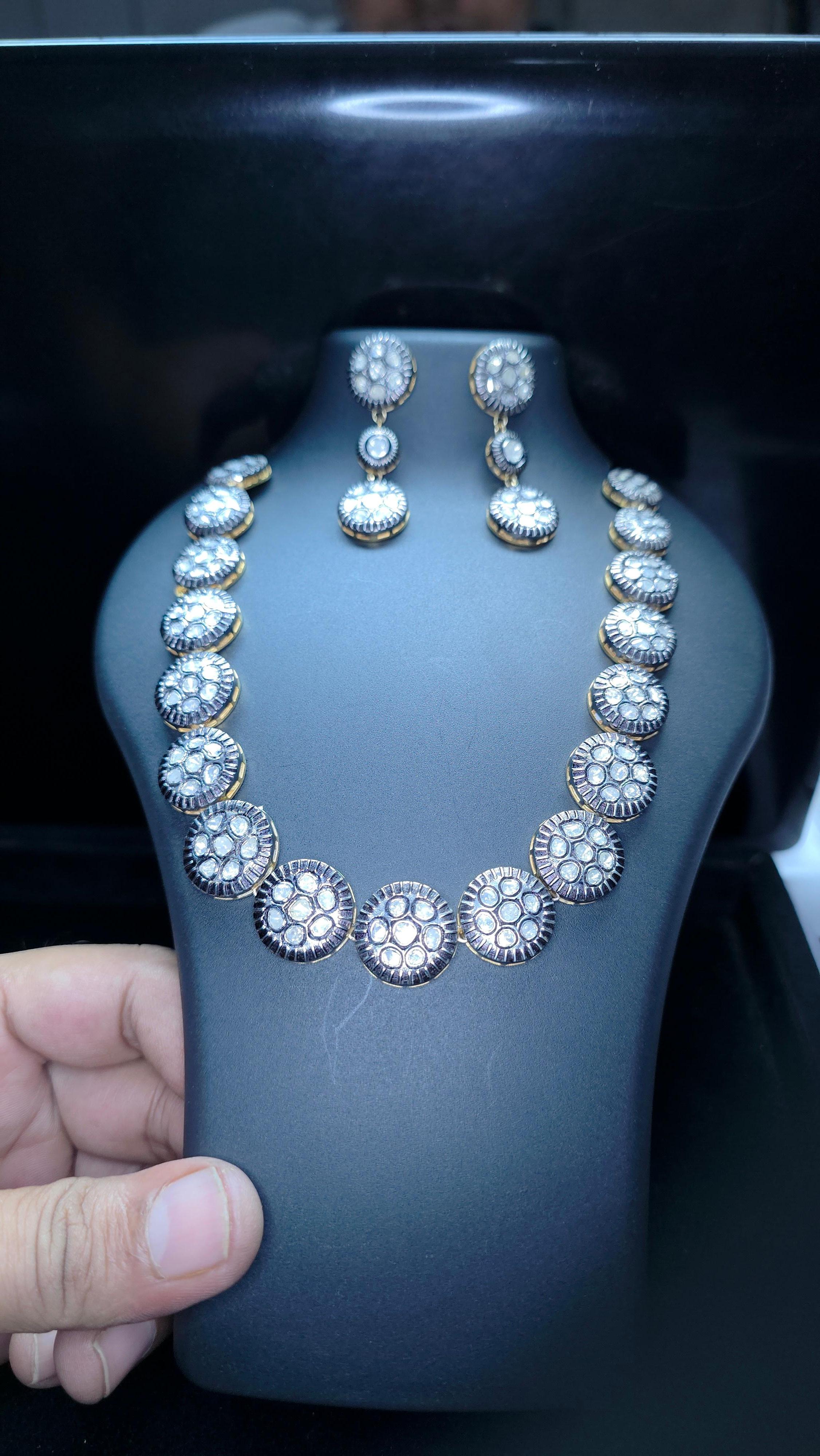 Collana vittoriana fatta a mano con diamante Nature Rose Cut Polki in argento 925 in vendita 7
