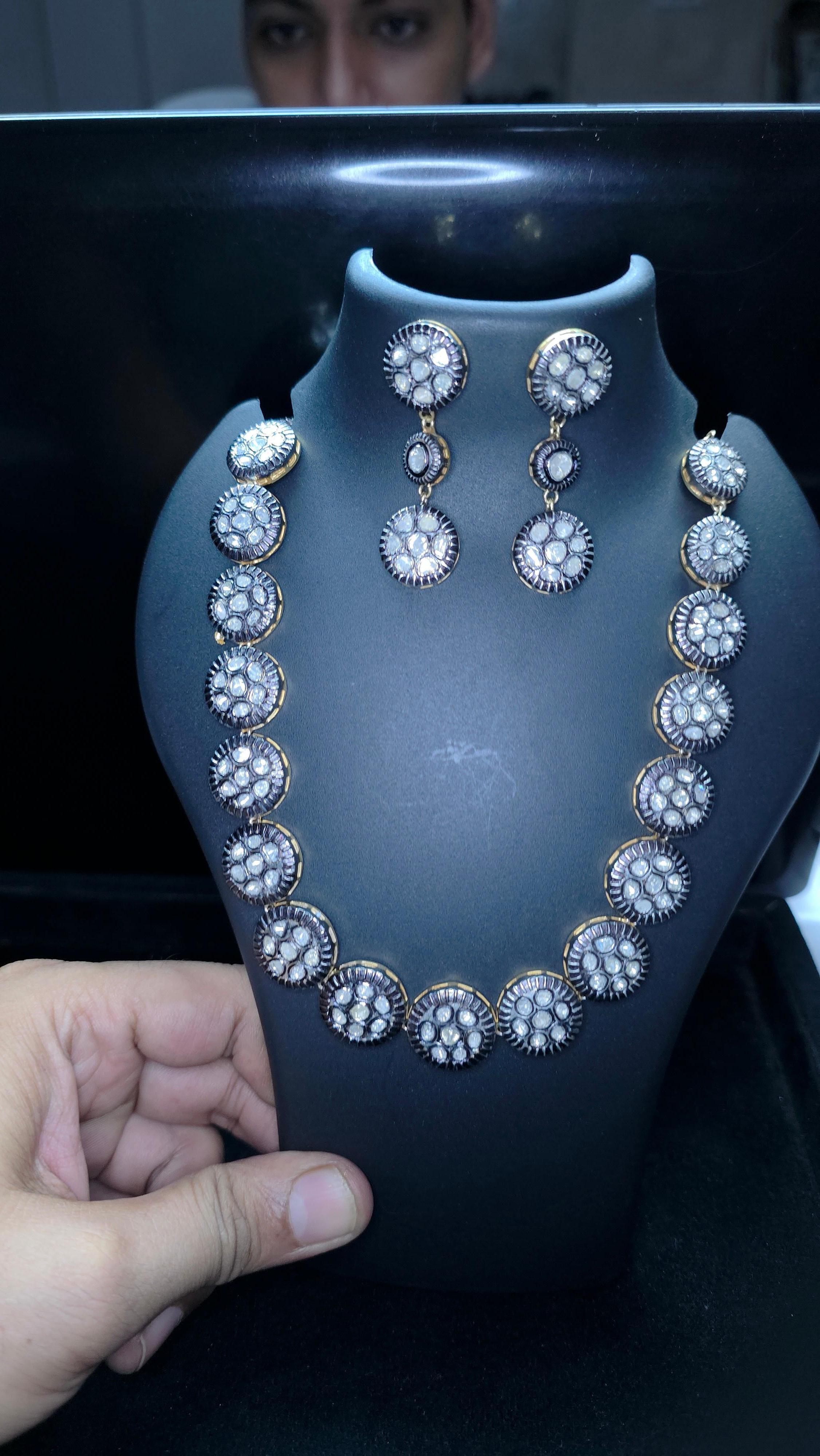 Collana vittoriana fatta a mano con diamante Nature Rose Cut Polki in argento 925 in vendita 8