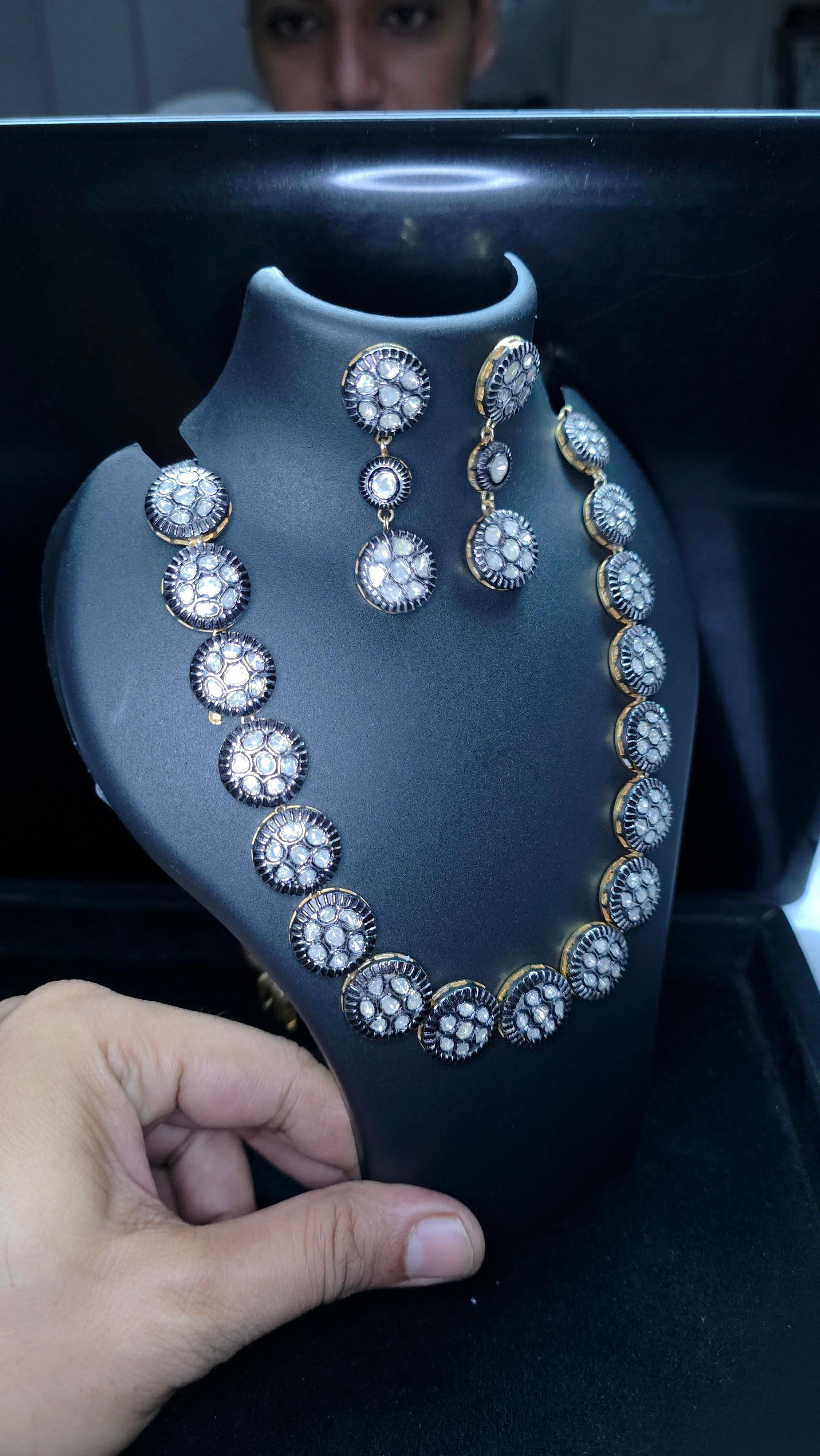 Collana vittoriana fatta a mano con diamante Nature Rose Cut Polki in argento 925 in vendita 9
