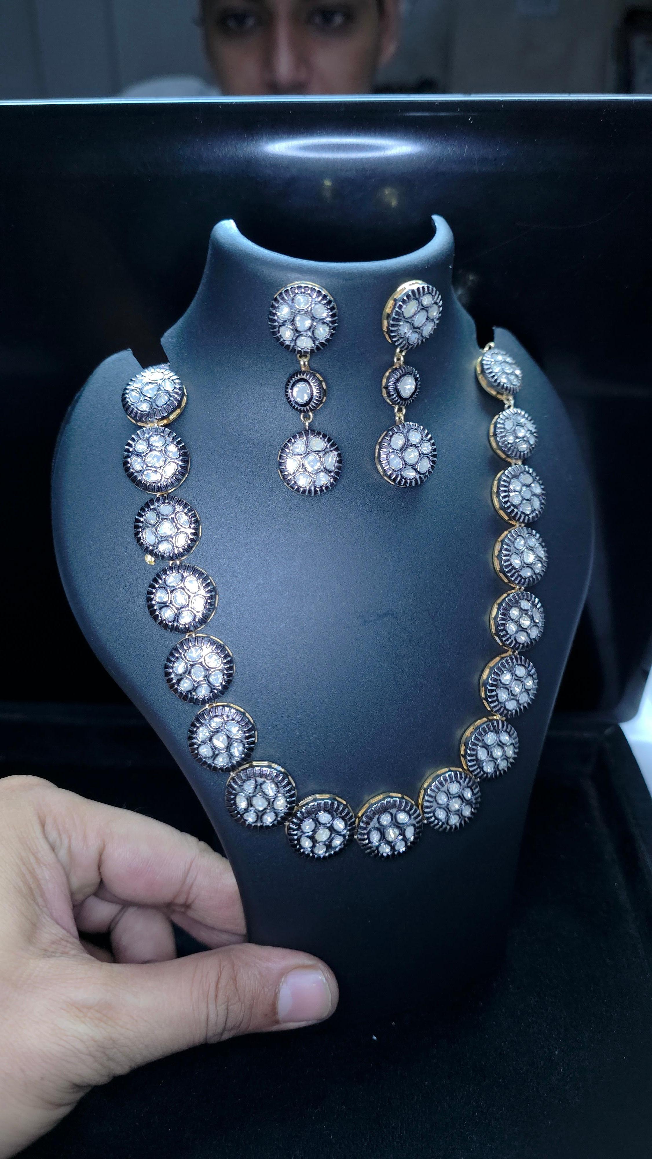 Collana vittoriana fatta a mano con diamante Nature Rose Cut Polki in argento 925 in vendita 10