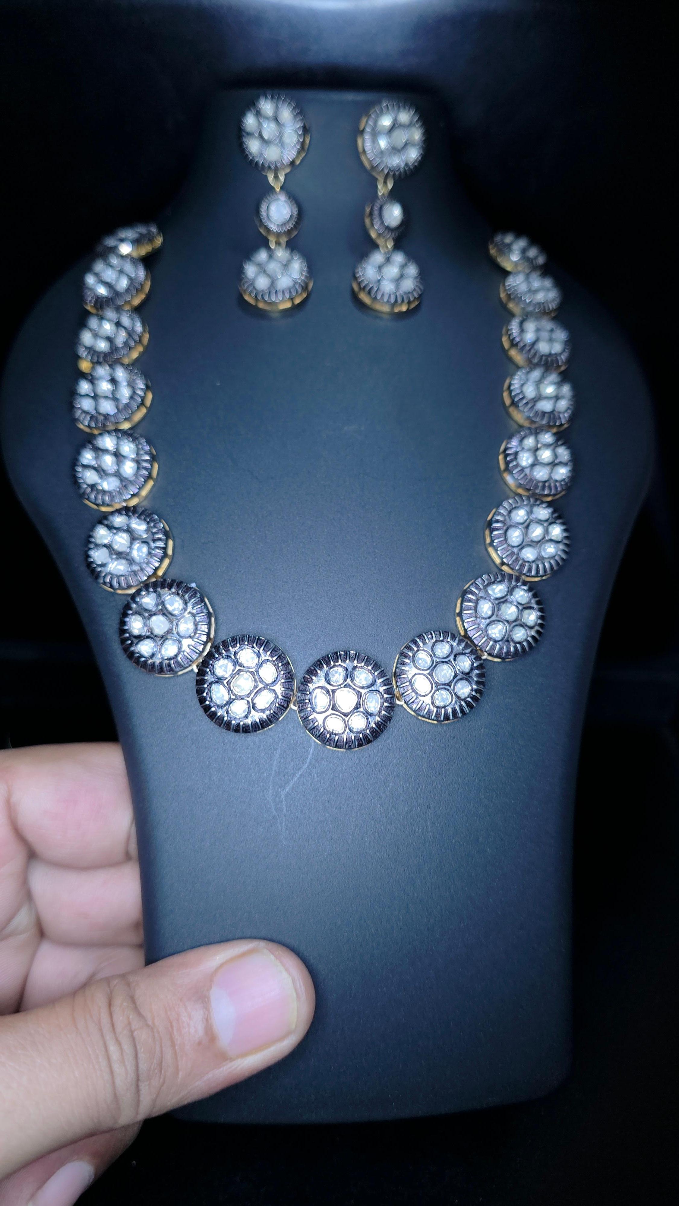 Collana vittoriana fatta a mano con diamante Nature Rose Cut Polki in argento 925 in vendita 11