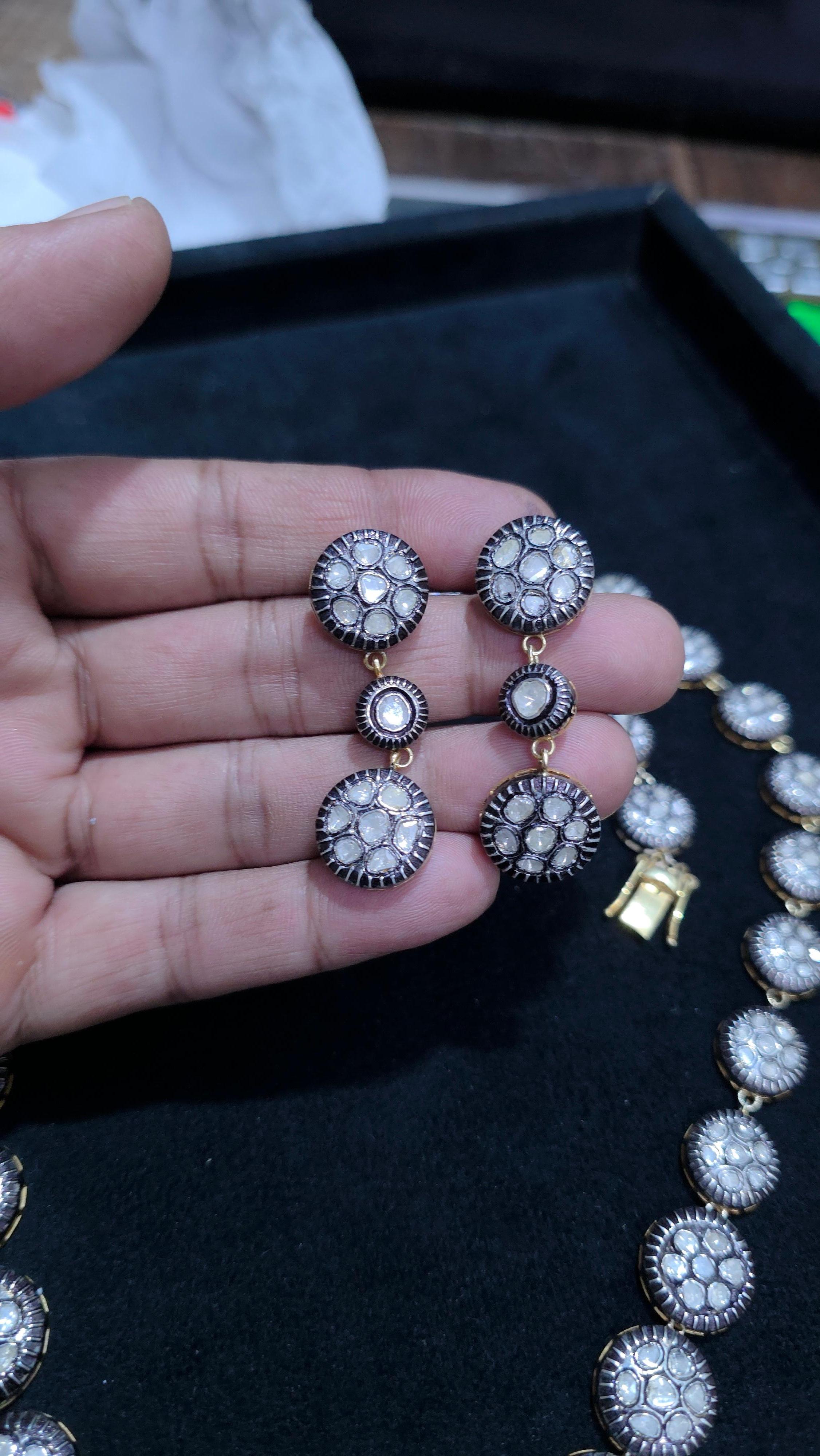 Collana vittoriana fatta a mano con diamante Nature Rose Cut Polki in argento 925 in vendita 13