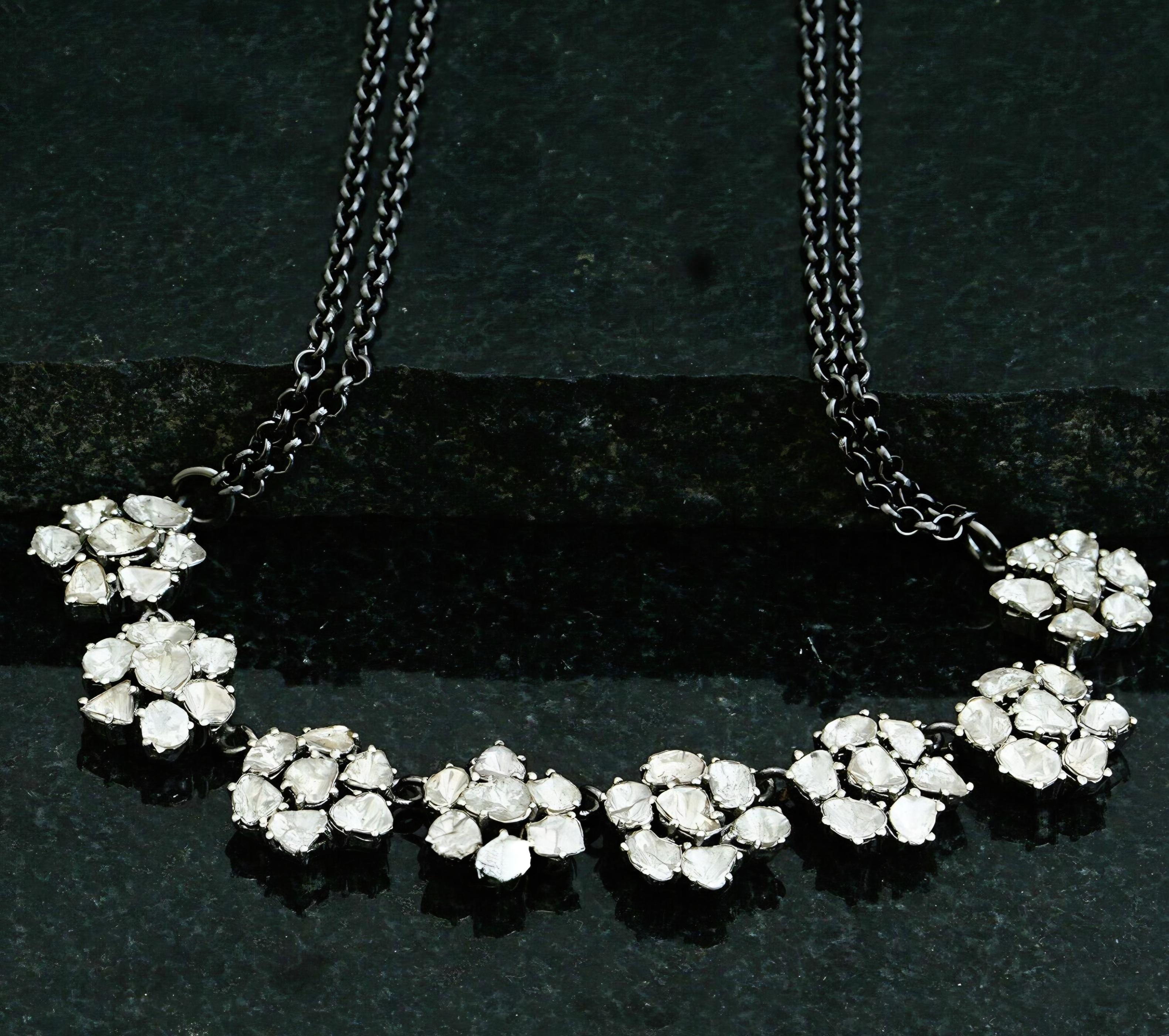  Natural Rose Cut Polki Diamond Handmade Vintage  Victorian Necklace 925 Sterling Silver

Material 925 Sterling Silver 
Handmade 
Natural Diamond Polki Rose Cut 

Wieght approx  55gram 

A P P R O X T I M E

All items are custom made to order. Our