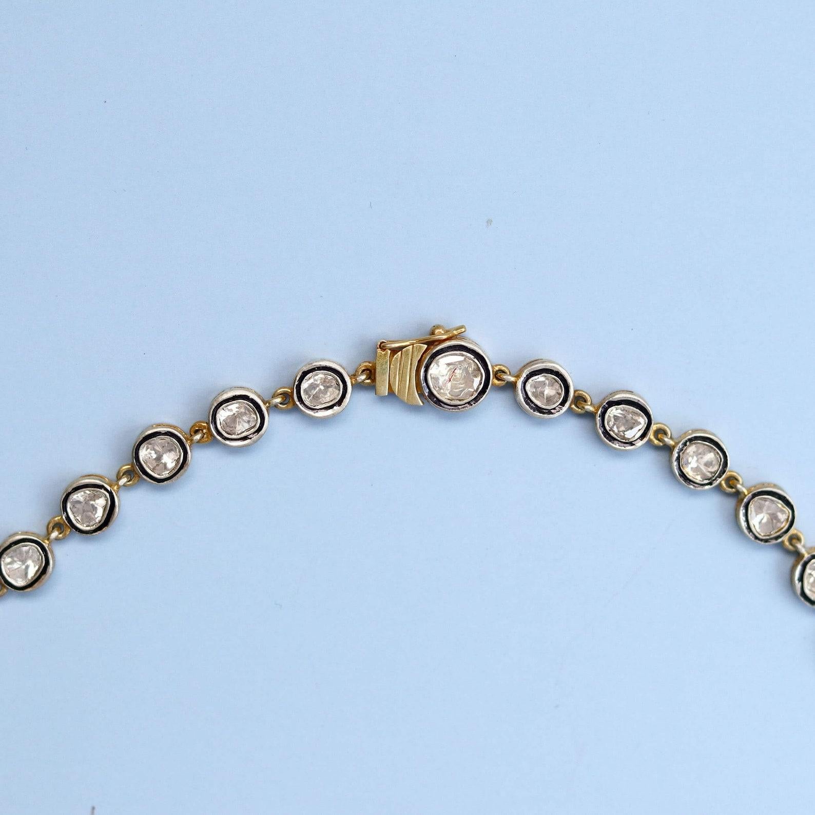 Art Deco Natural Rose Cut Polki Diamond Handmade Victorian Necklace 925 Sterling Silver For Sale
