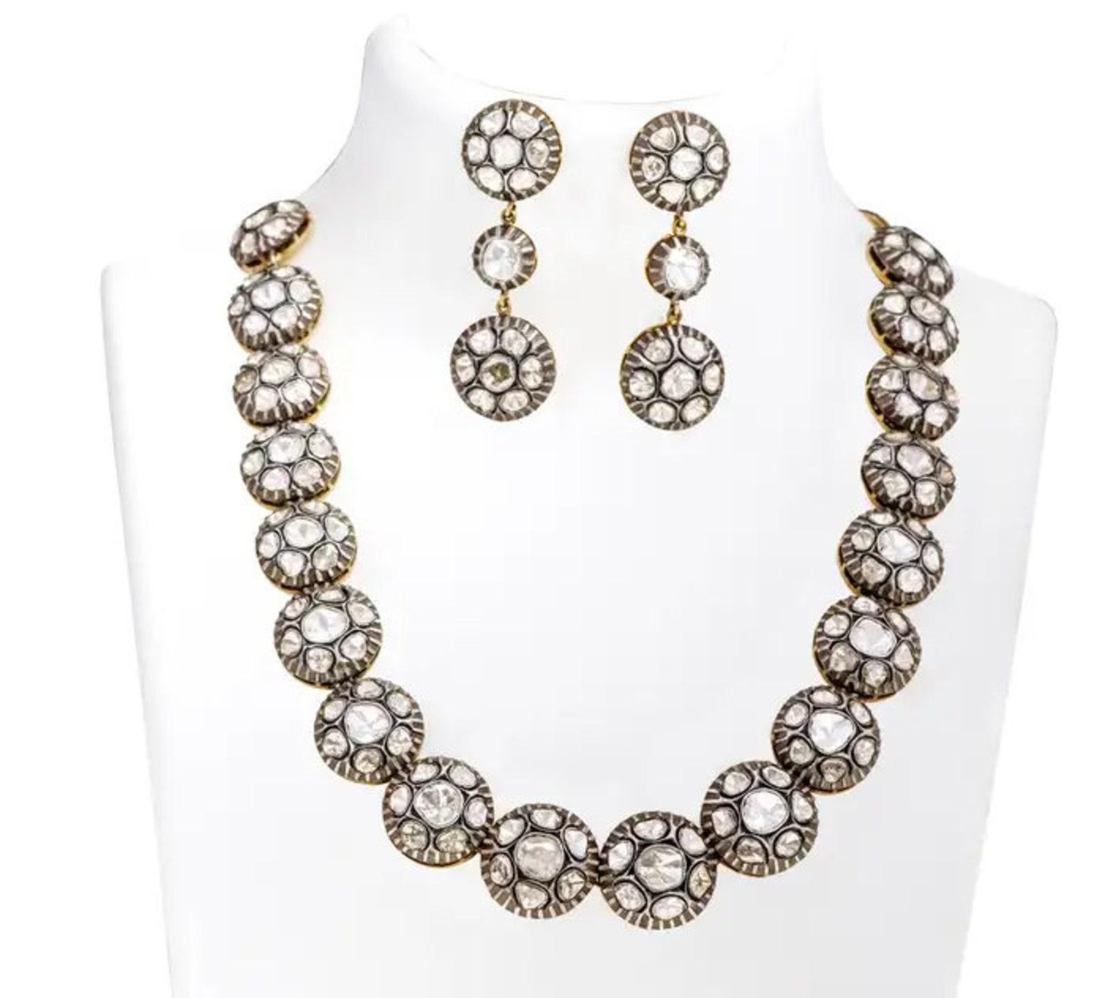 Taglio vecchia miniera Collana vittoriana fatta a mano con diamante Nature Rose Cut Polki in argento 925 in vendita