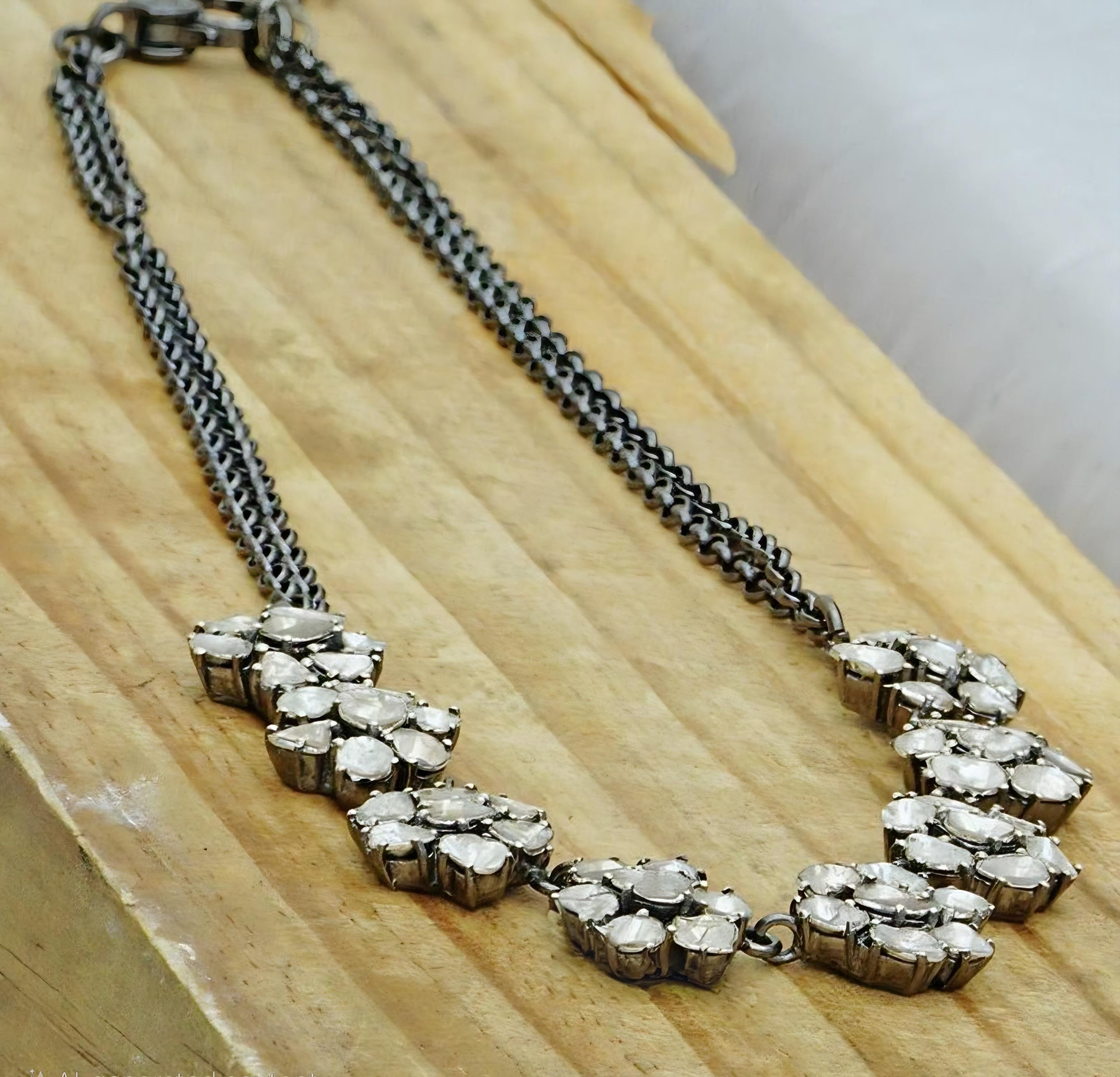Women's Natural Rose Cut Polki Diamond Handmade Victorian Necklace 925 Sterling Silver For Sale