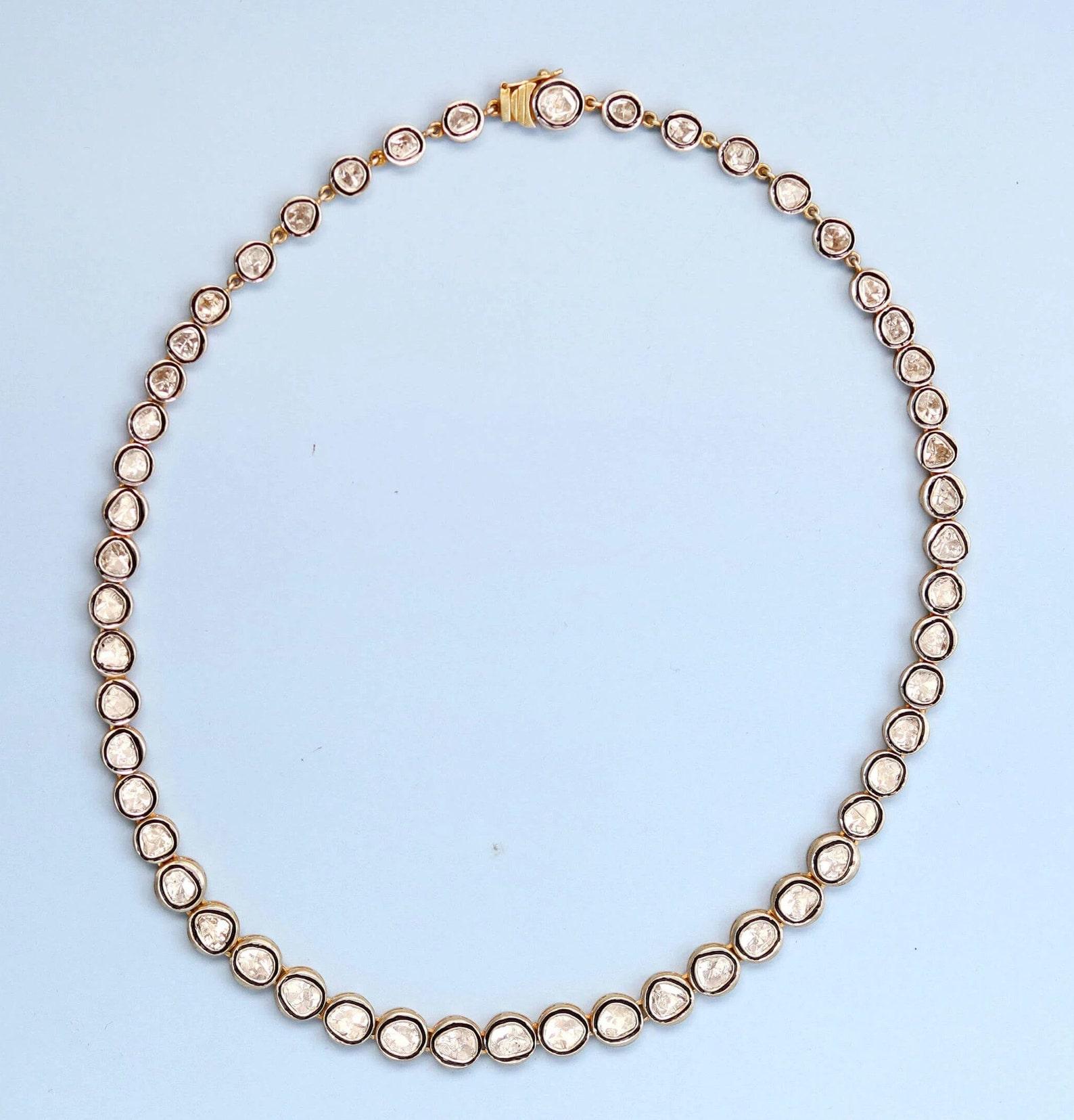 Natural Rose Cut Polki Diamond Handmade Victorian Necklace 925 Sterling Silver For Sale 1
