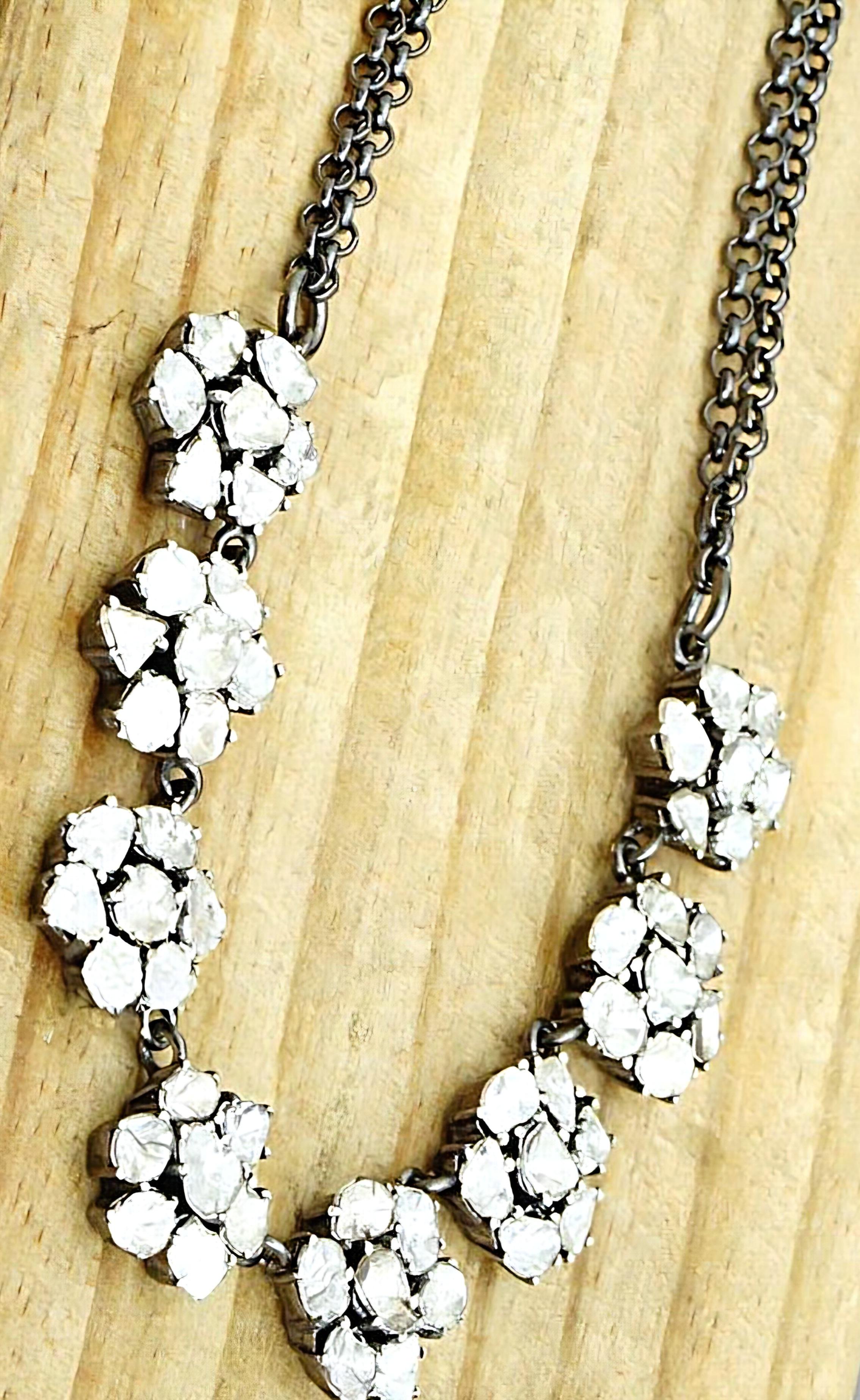 Natural Rose Cut Polki Diamond Handmade Victorian Necklace 925 Sterling Silver For Sale 2