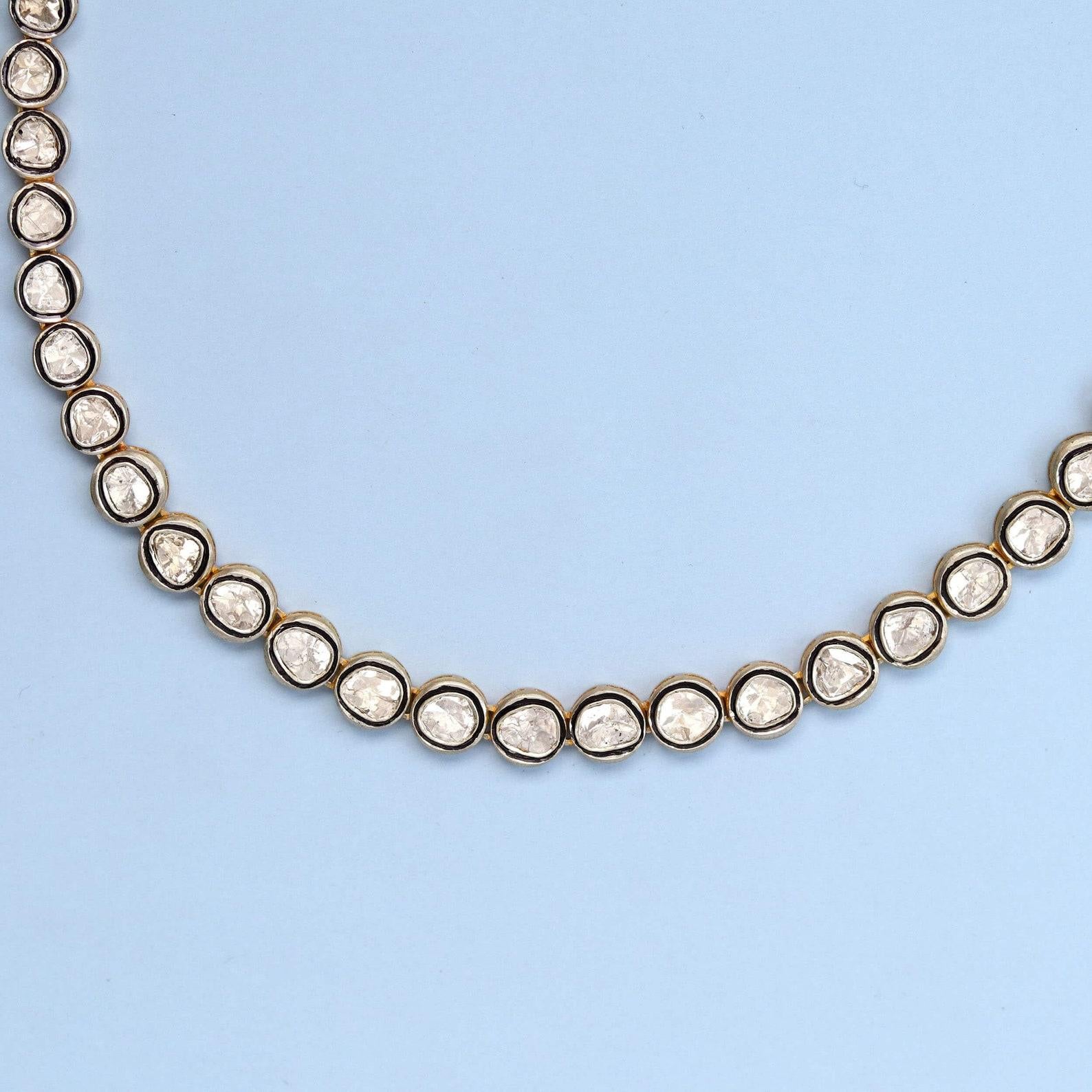 Natural Rose Cut Polki Diamond Handmade Victorian Necklace 925 Sterling Silver For Sale 3