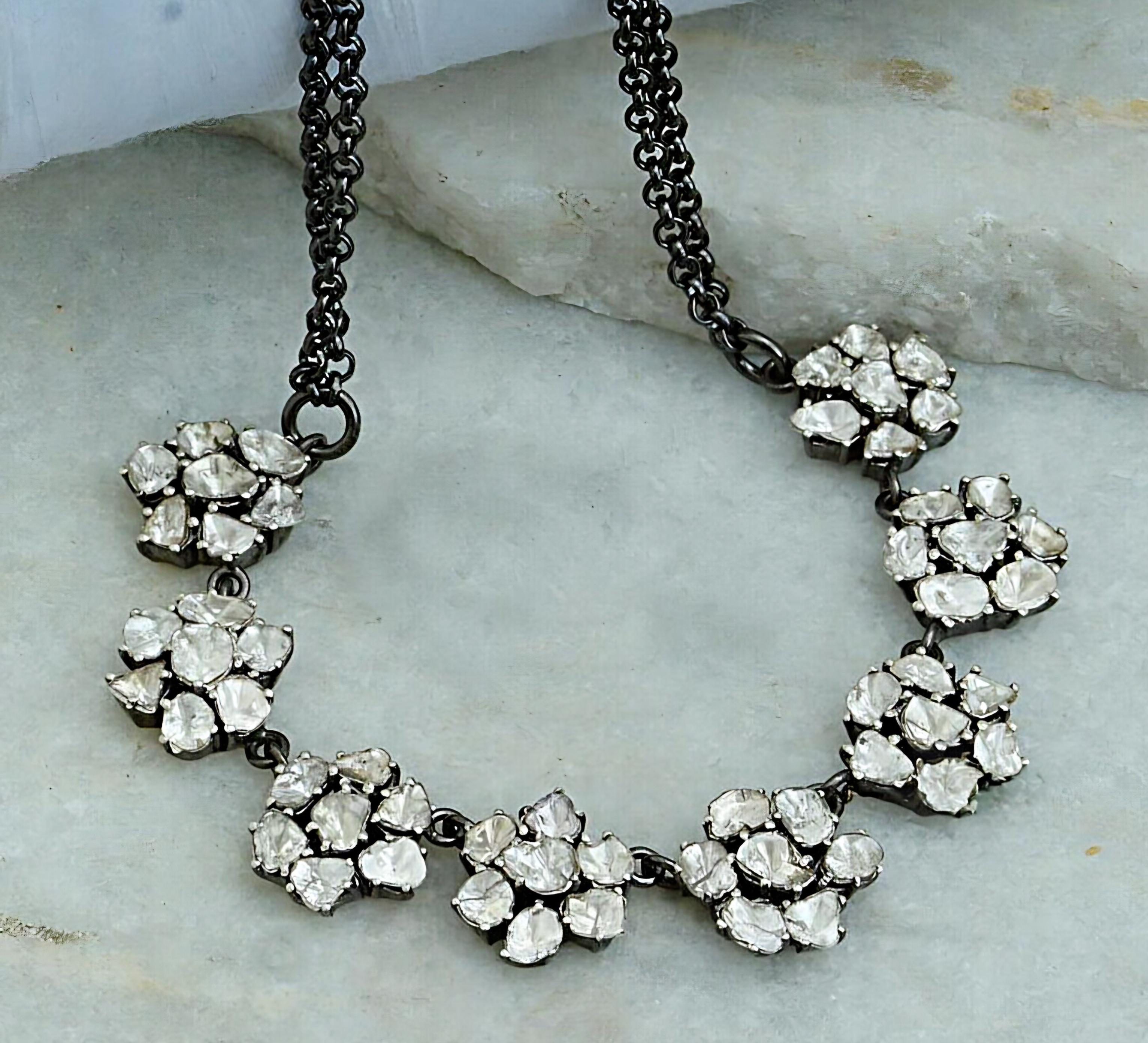 Natural Rose Cut Polki Diamond Handmade Victorian Necklace 925 Sterling Silver For Sale 3