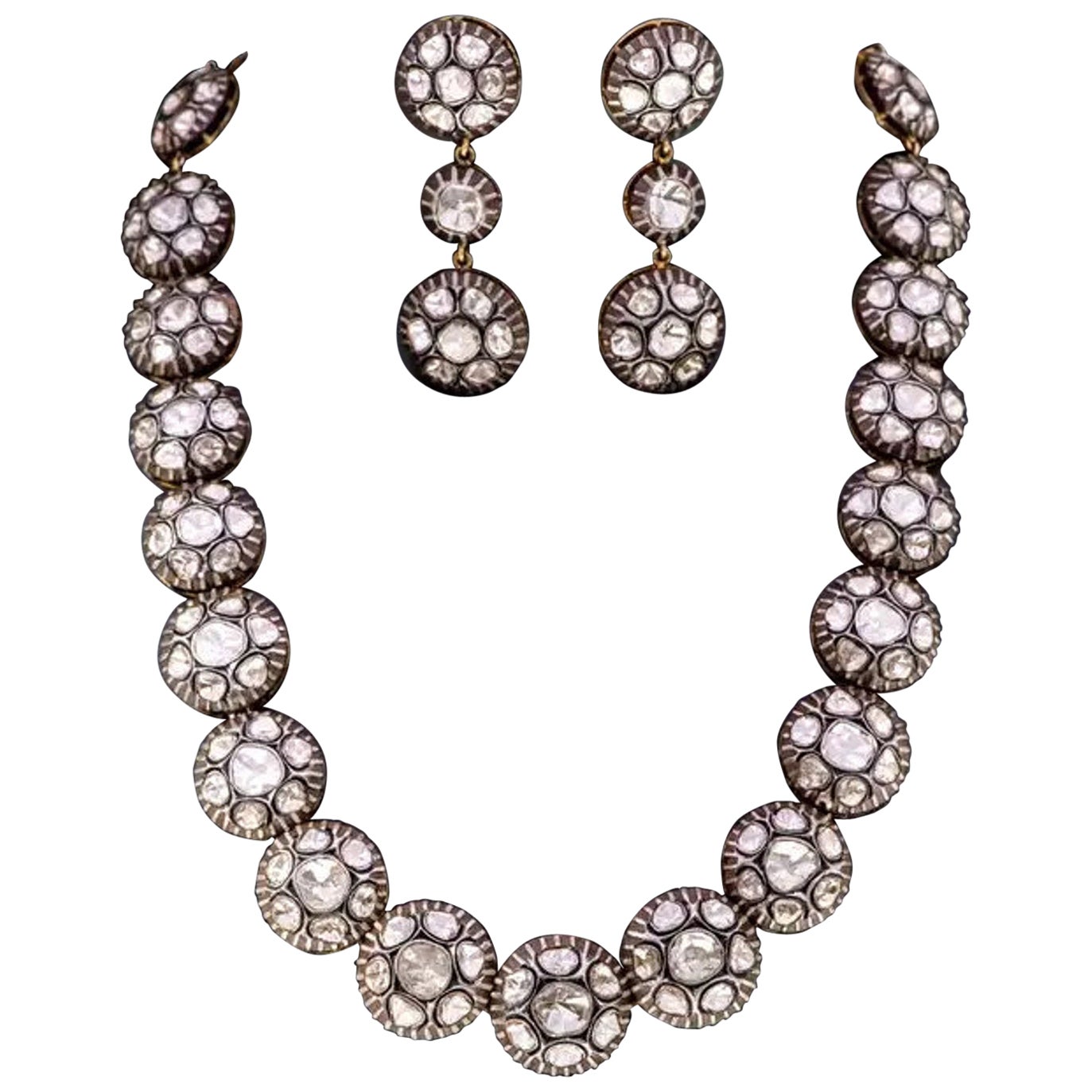 Handgefertigte viktorianische Halskette 925 aus Sterlingsilber mit natürlichem Polki-Diamant im Rosenschliff