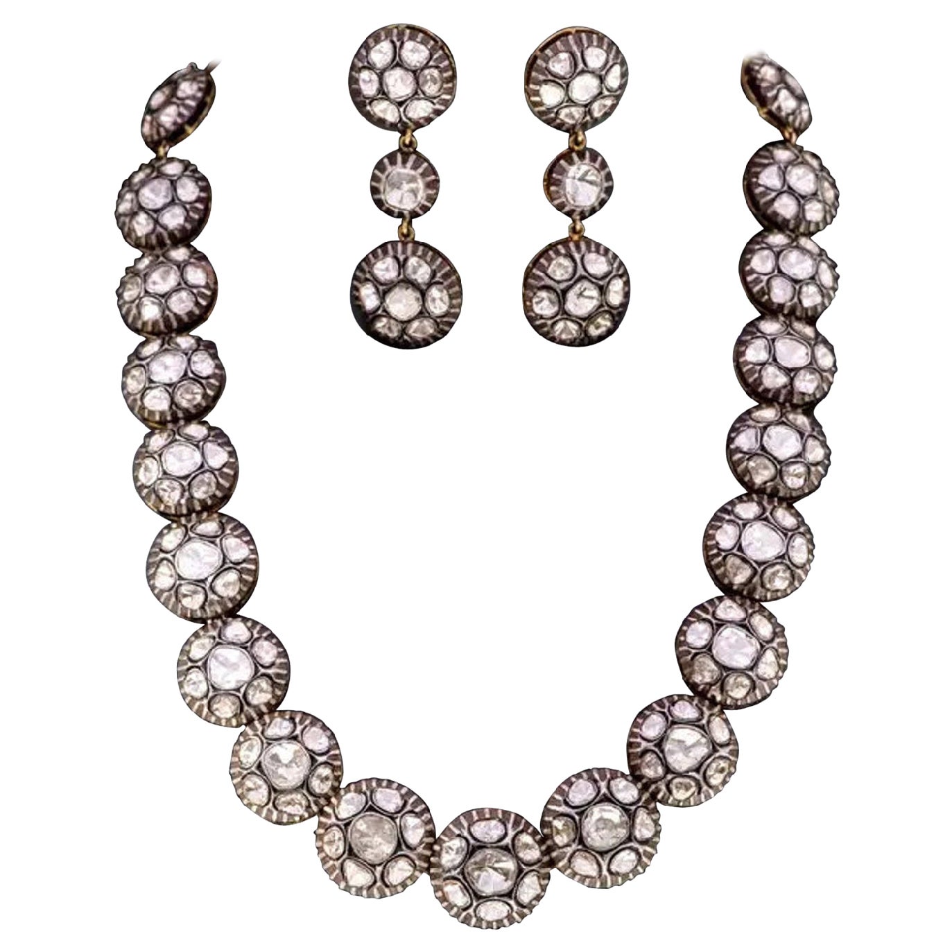 Natural Rose Cut Polki Diamond Handmade Victorian Necklace 925 Sterling Silver