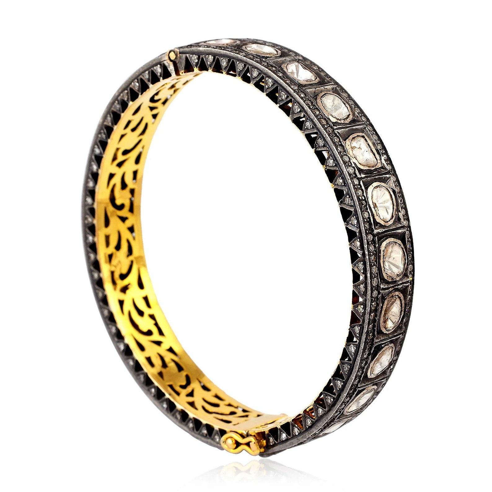 Natural Rose Cut Polki Diamond Handmade Vintage Bracelet 925 Sterling Silver For Sale 5