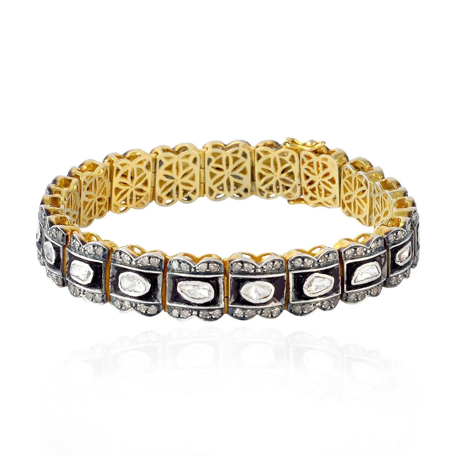 Natural Rose Cut Polki Diamond Handmade Vintage Bracelet 925 Sterling Silver For Sale 5