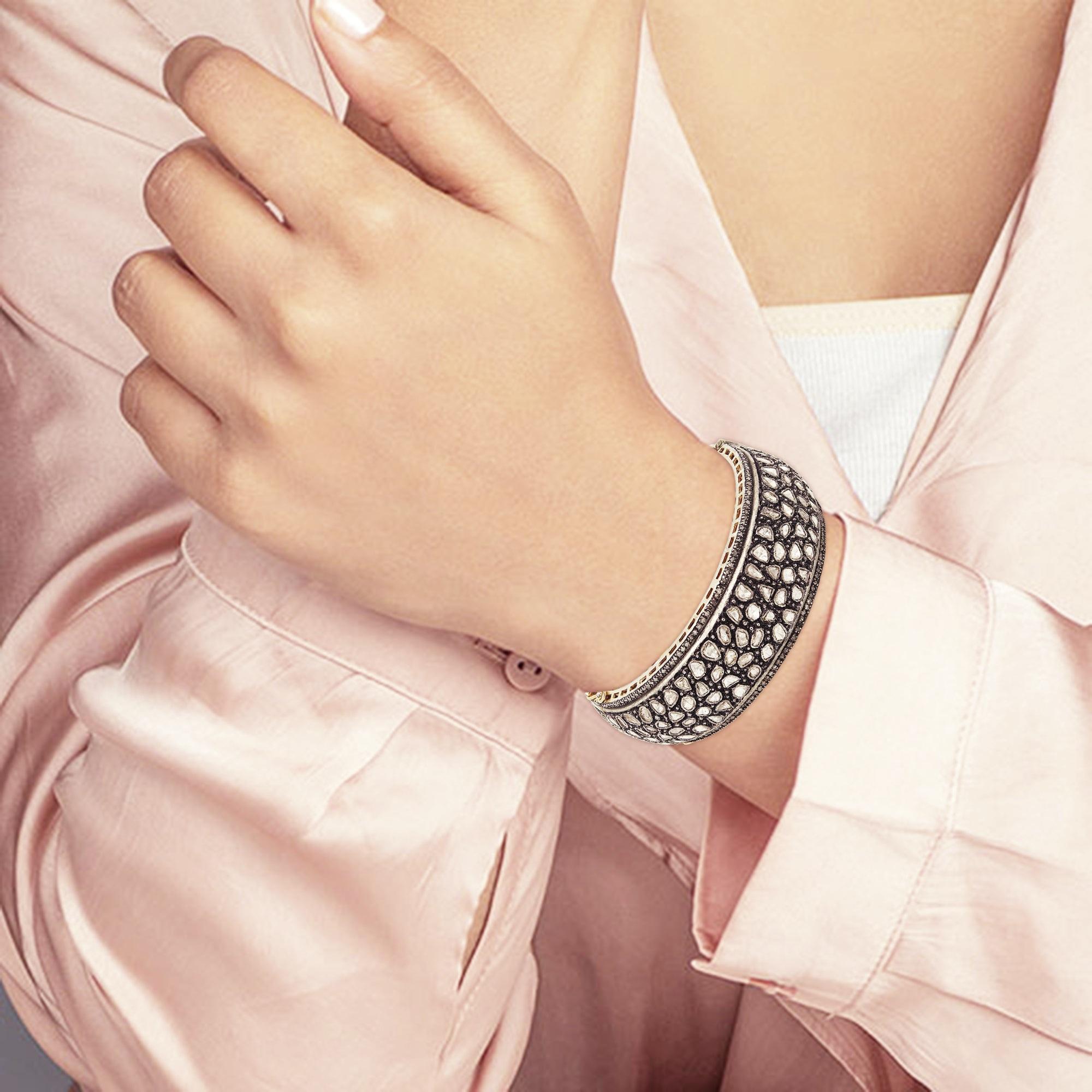 Natural Rose Cut Polki Diamond Handmade Vintage Bracelet 925 Sterling Silver For Sale 7