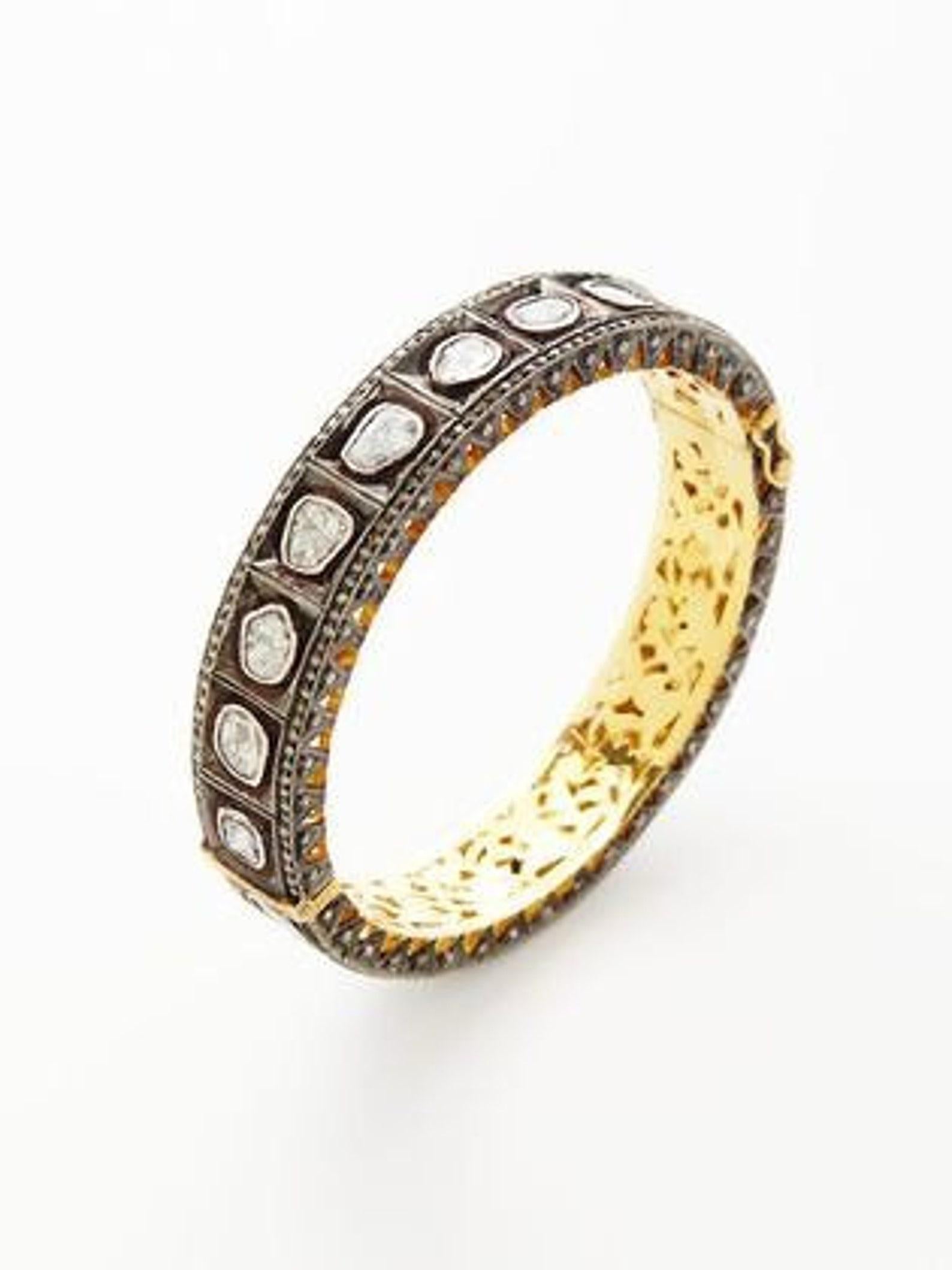 Art Deco Natural Rose Cut Polki Diamond Handmade Vintage Bracelet 925 Sterling Silver For Sale