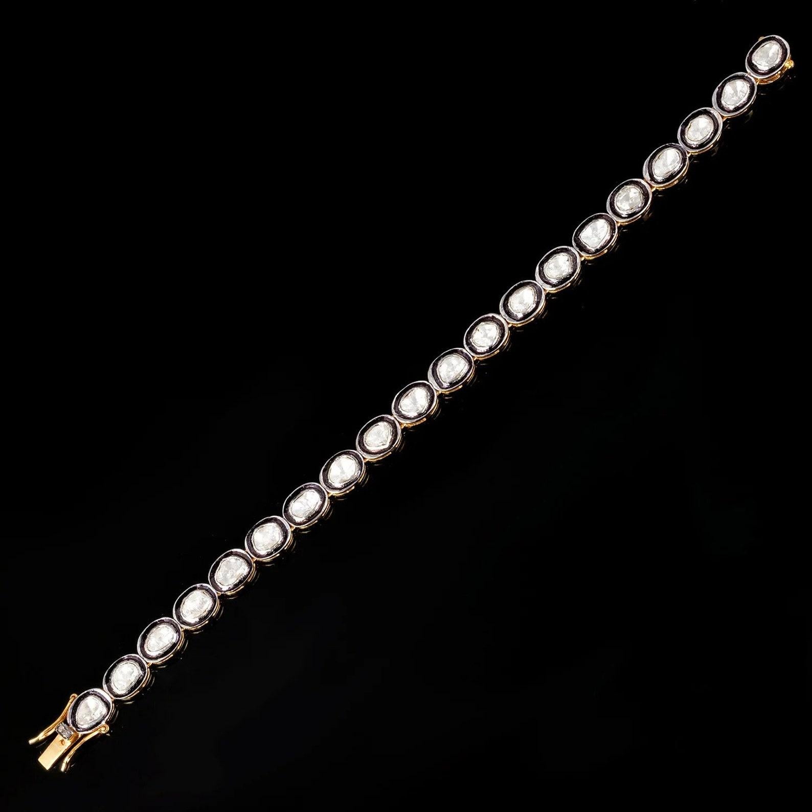 Art Deco Natural Rose Cut Polki Diamond Handmade Vintage Bracelet 925 Sterling Silver For Sale