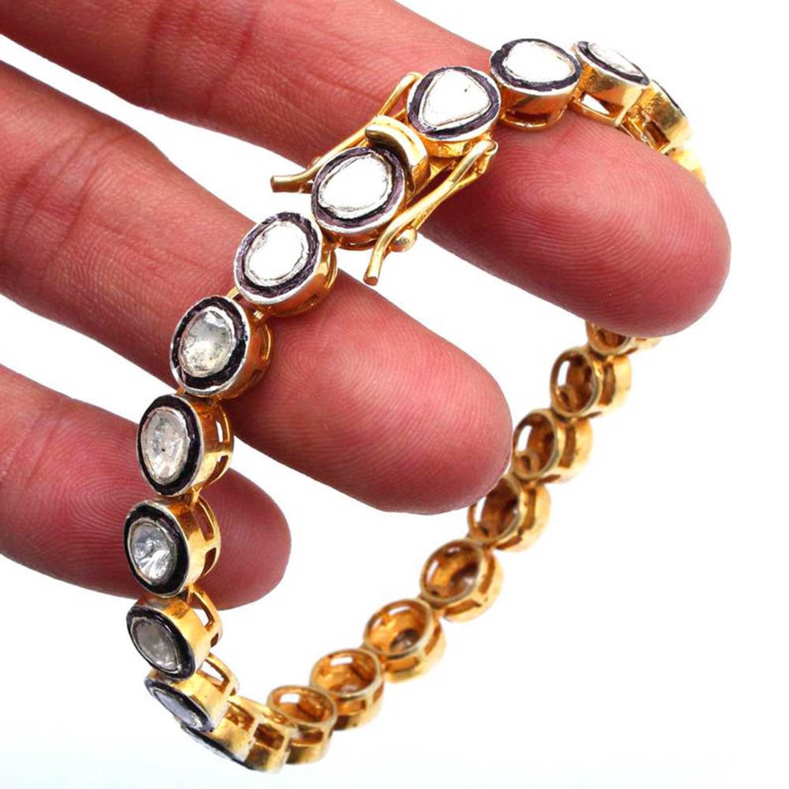 Art Deco Natural Rose Cut Polki Diamond Handmade Vintage Bracelet 925 Sterling Silver For Sale