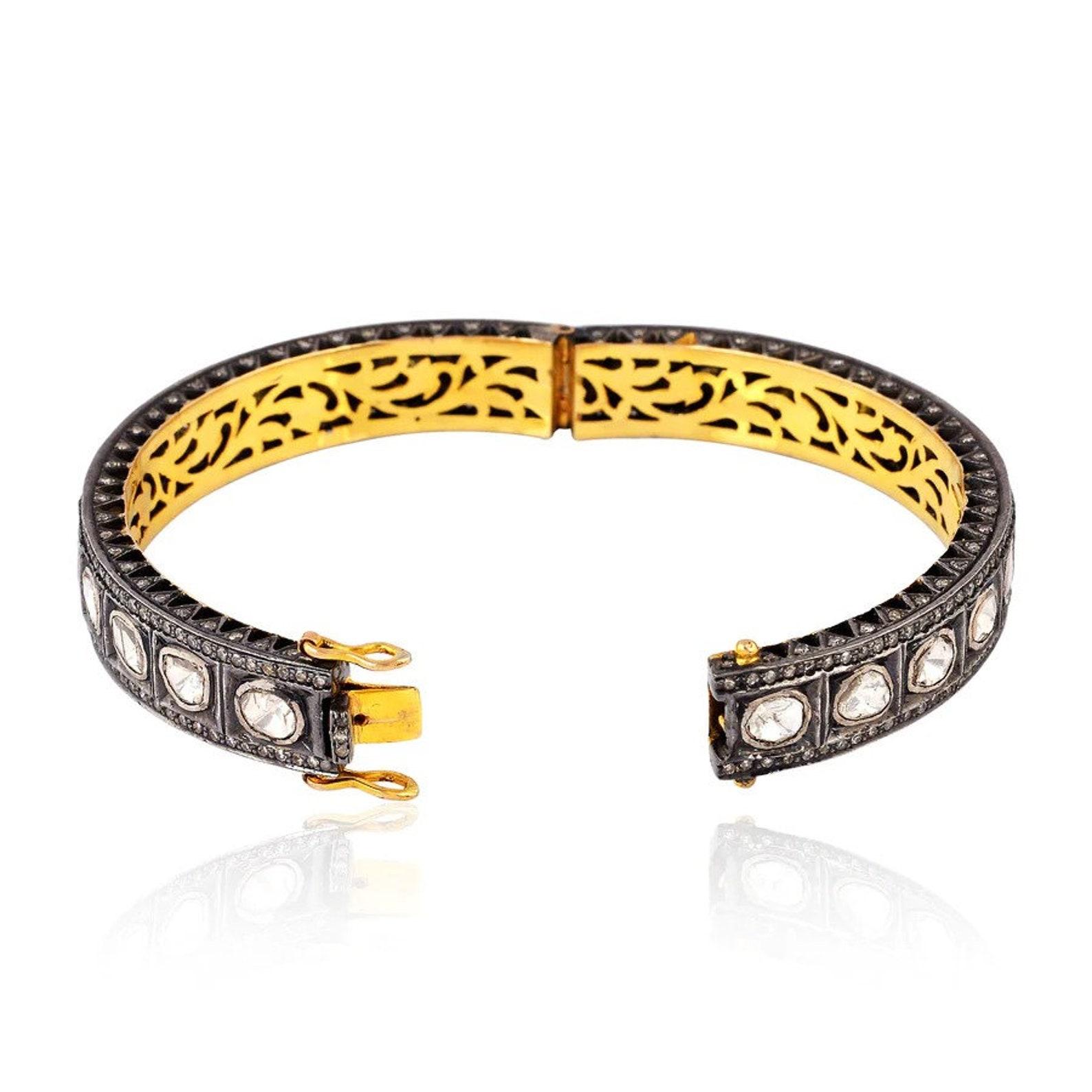 Old Mine Cut Natural Rose Cut Polki Diamond Handmade Vintage Bracelet 925 Sterling Silver For Sale