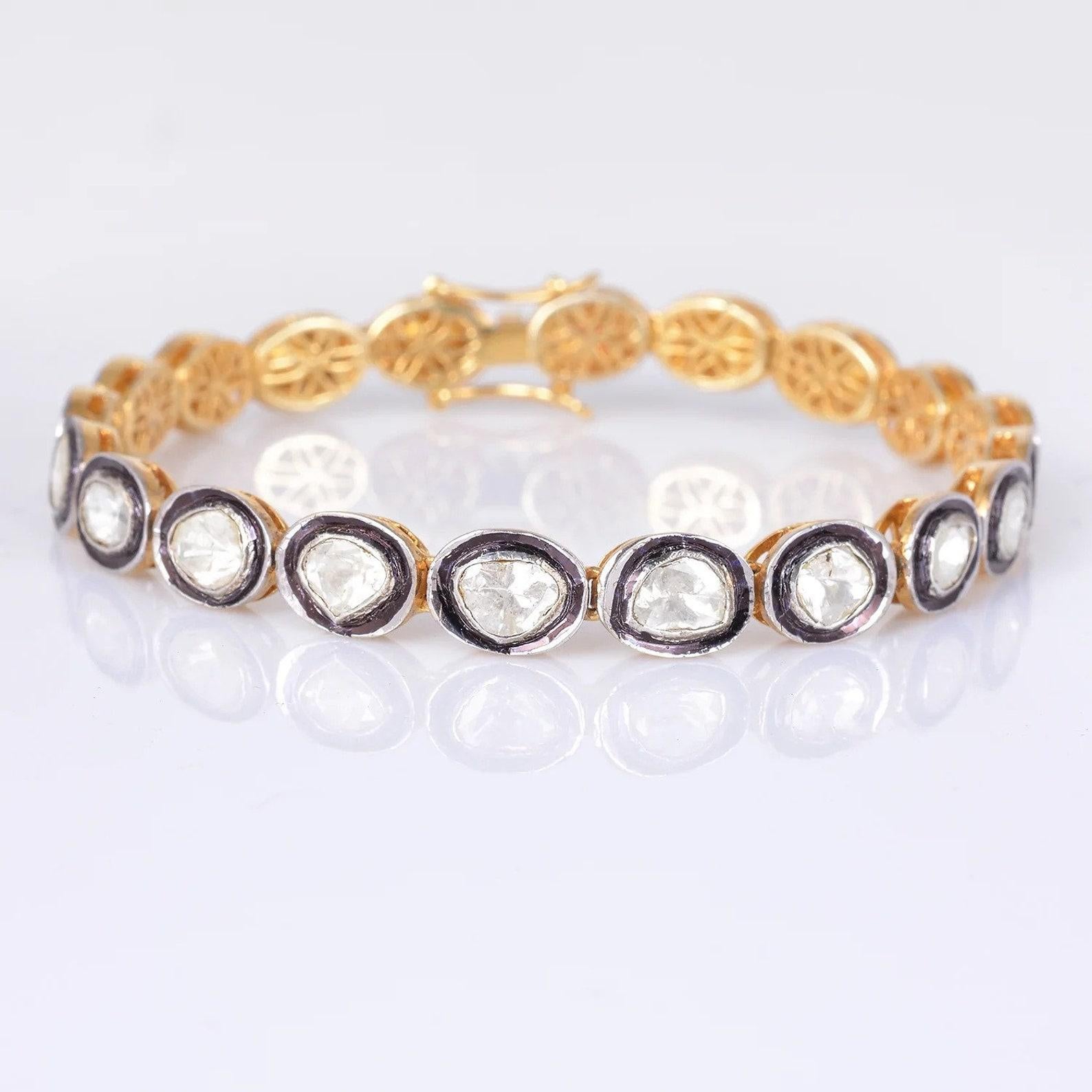 Old Mine Cut Natural Rose Cut Polki Diamond Handmade Vintage Bracelet 925 Sterling Silver For Sale