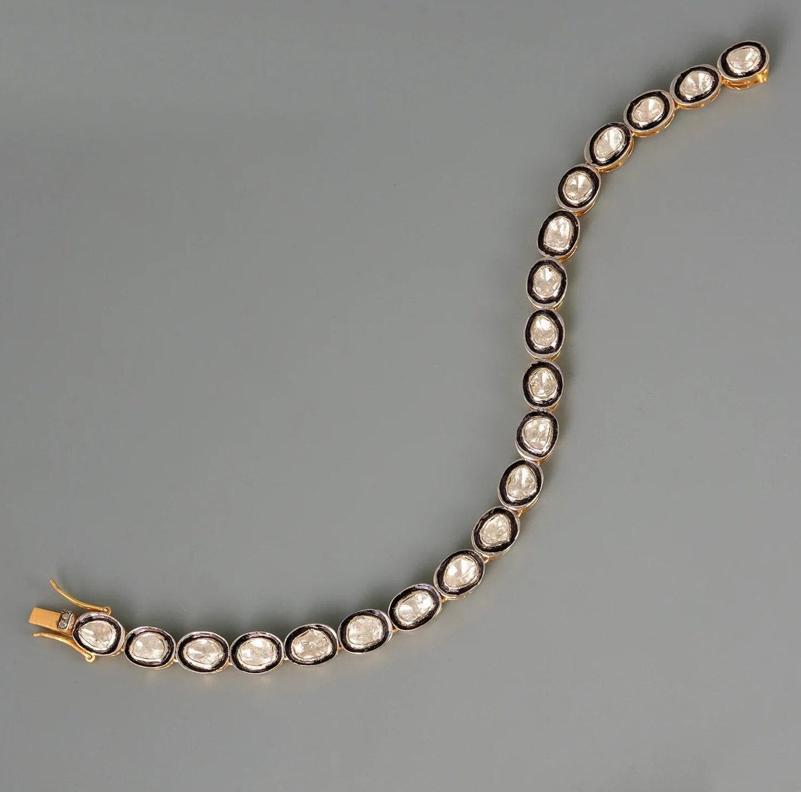 Natural Rose Cut Polki Diamond Handmade Vintage Bracelet 925 Sterling Silver In New Condition For Sale In Chicago, IL
