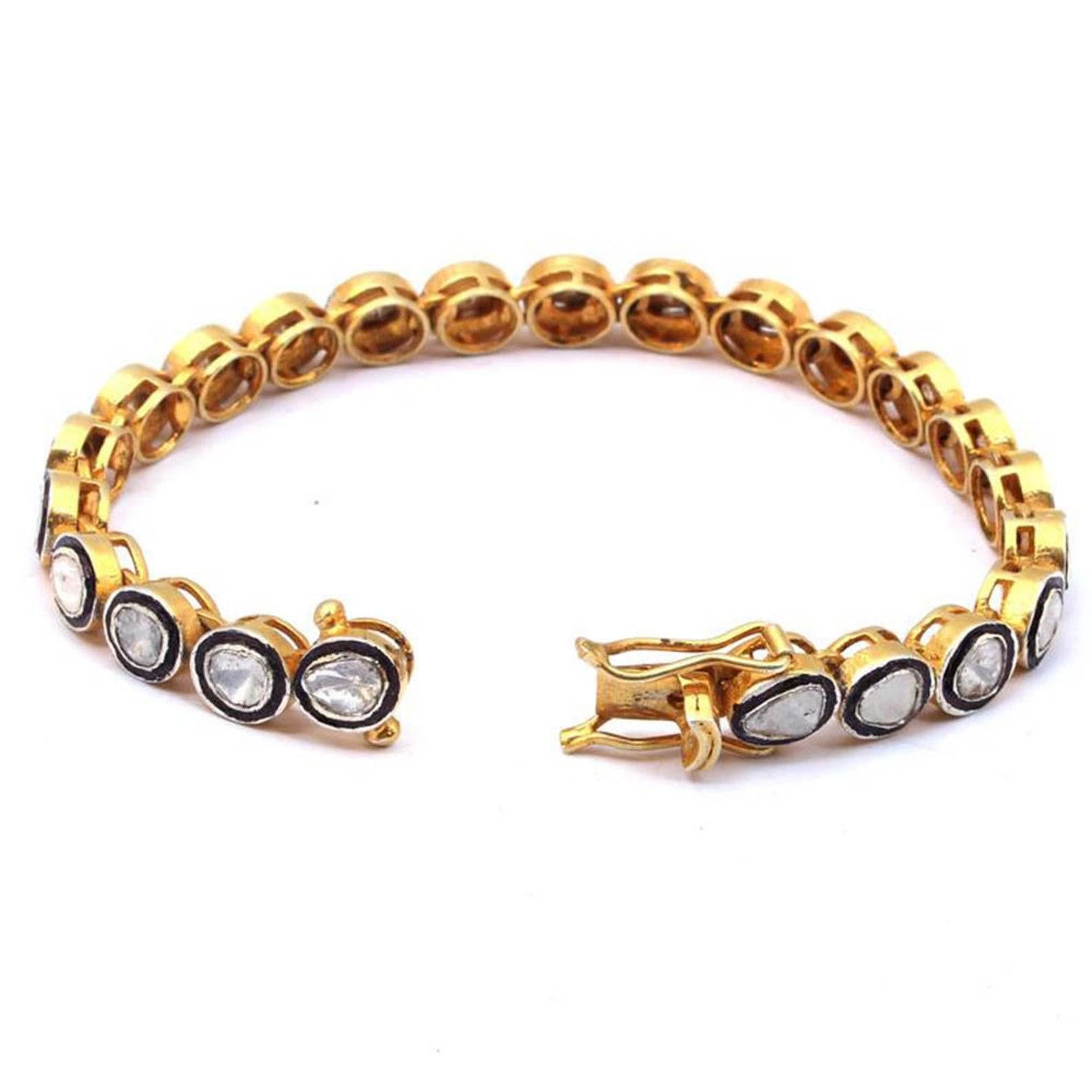 Women's Natural Rose Cut Polki Diamond Handmade Vintage Bracelet 925 Sterling Silver For Sale