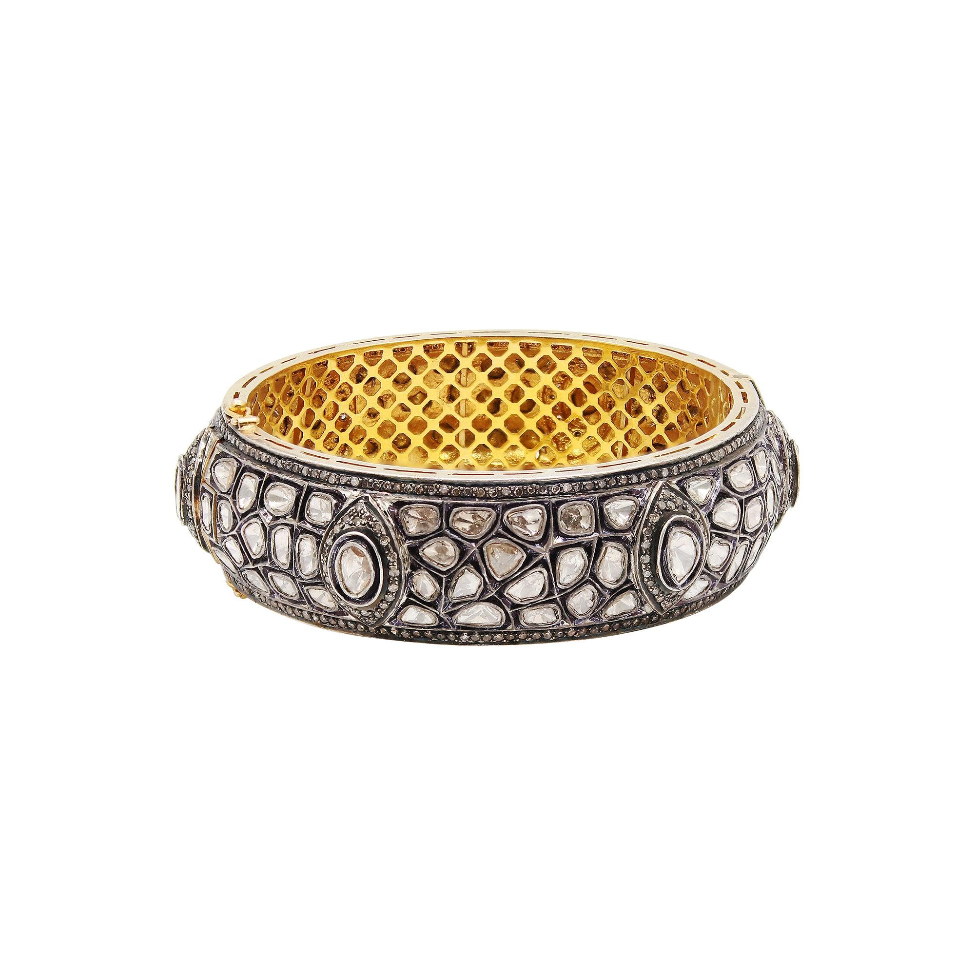 Women's Natural Rose Cut Polki Diamond Handmade Vintage Bracelet 925 Sterling Silver For Sale