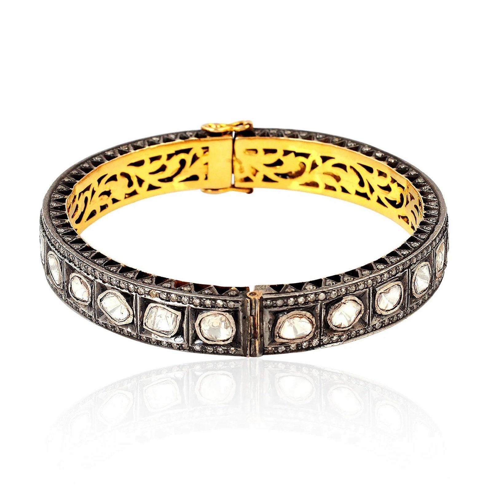 Natural Rose Cut Polki Diamond Handmade Vintage Bracelet 925 Sterling Silver For Sale 1