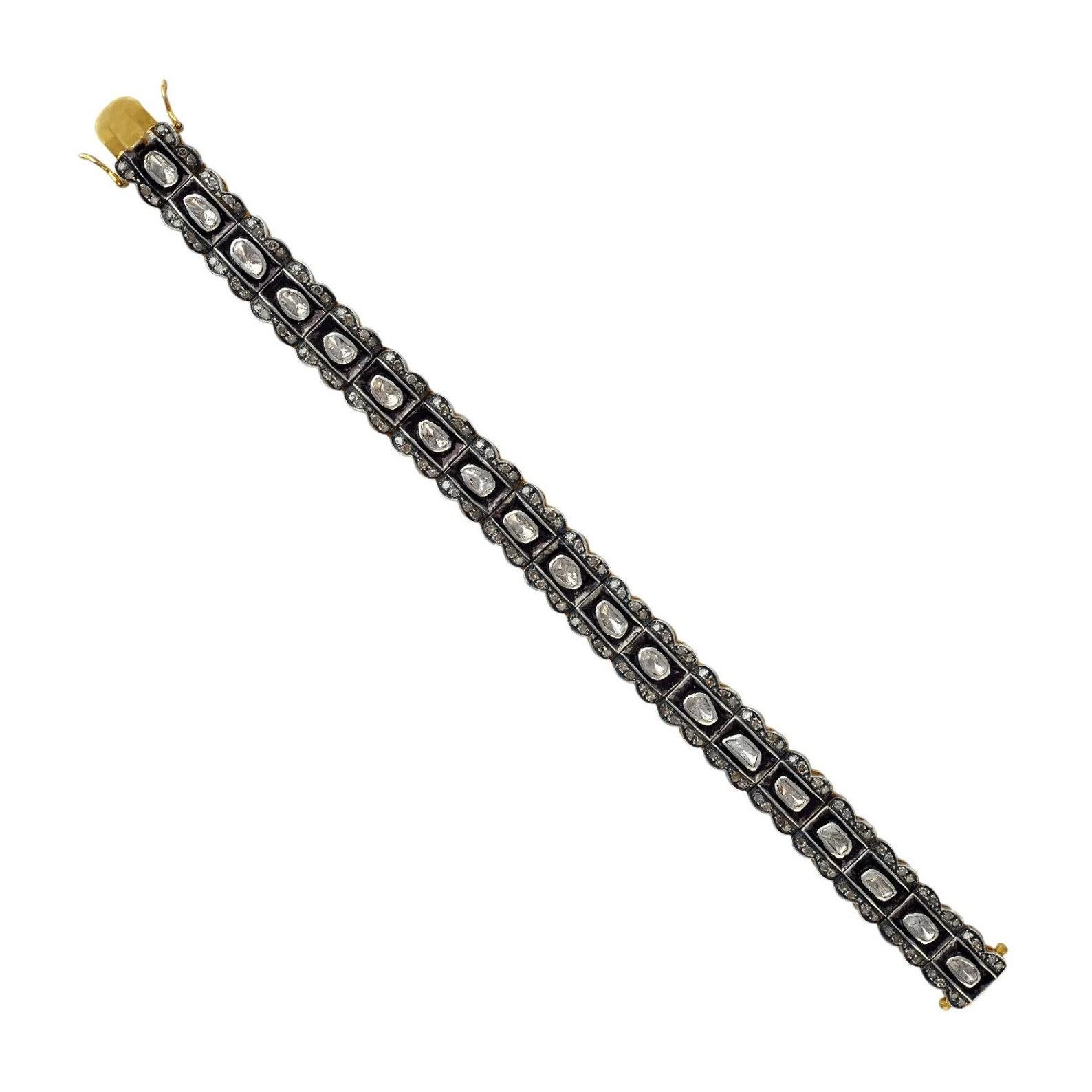 Natural Rose Cut Polki Diamond Handmade Vintage Bracelet 925 Sterling Silver For Sale 3