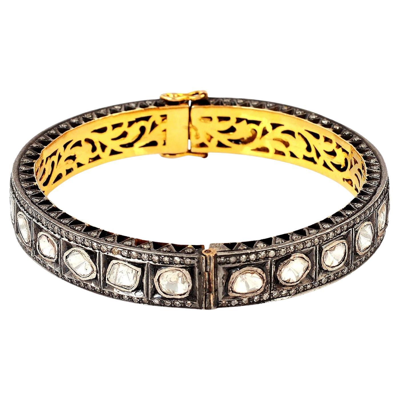 Natural Rose Cut Polki Diamond Handmade Vintage Bracelet 925 Sterling Silver