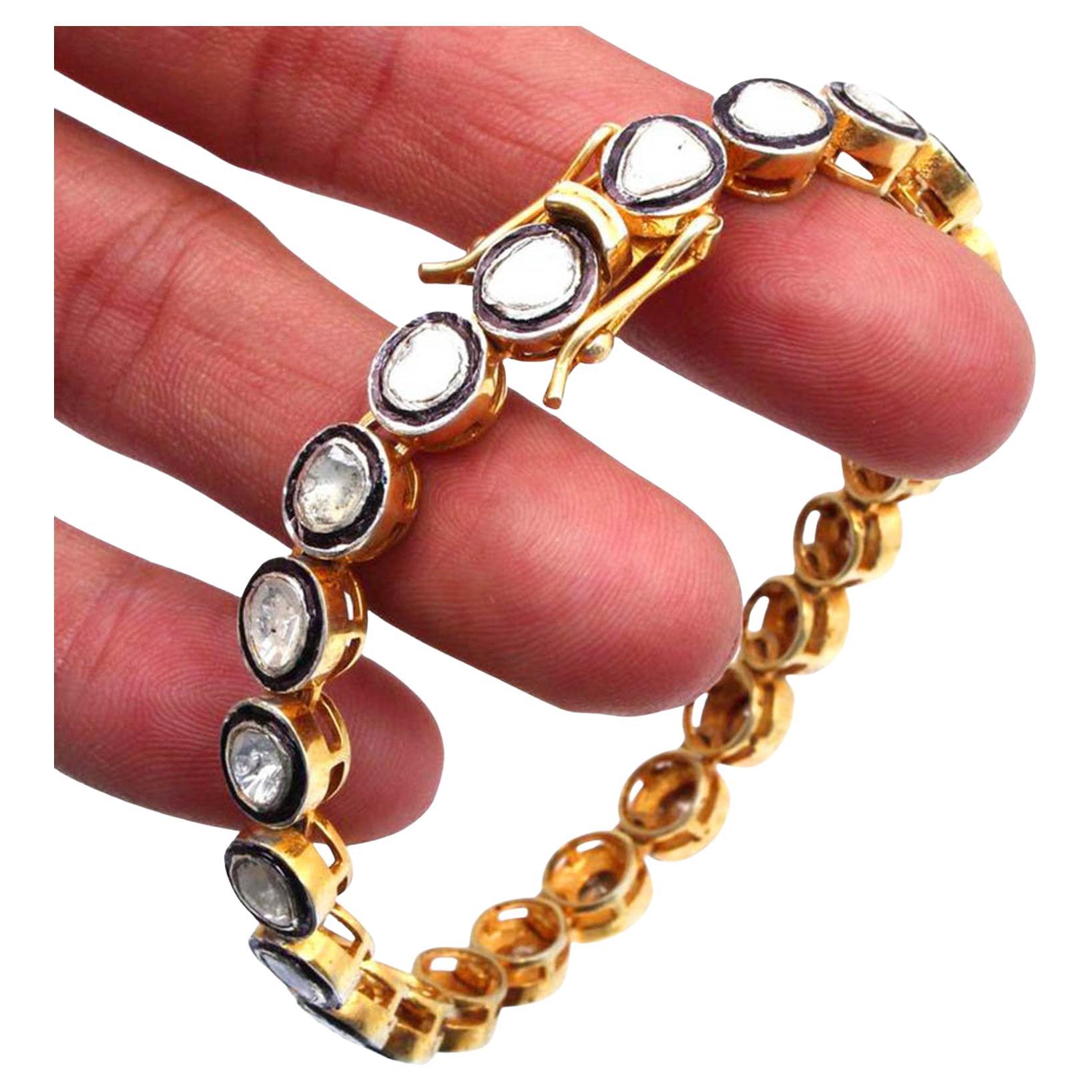 Handgefertigtes Vintage-Armband 925 aus Sterlingsilber mit natürlichem Polki-Diamant im Rosenschliff