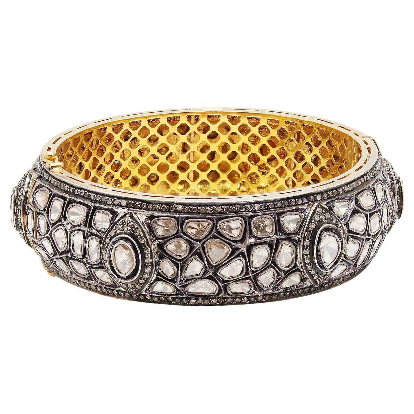 Natural Rose Cut Polki Diamond Handmade Vintage Bracelet 925 Sterling Silver For Sale