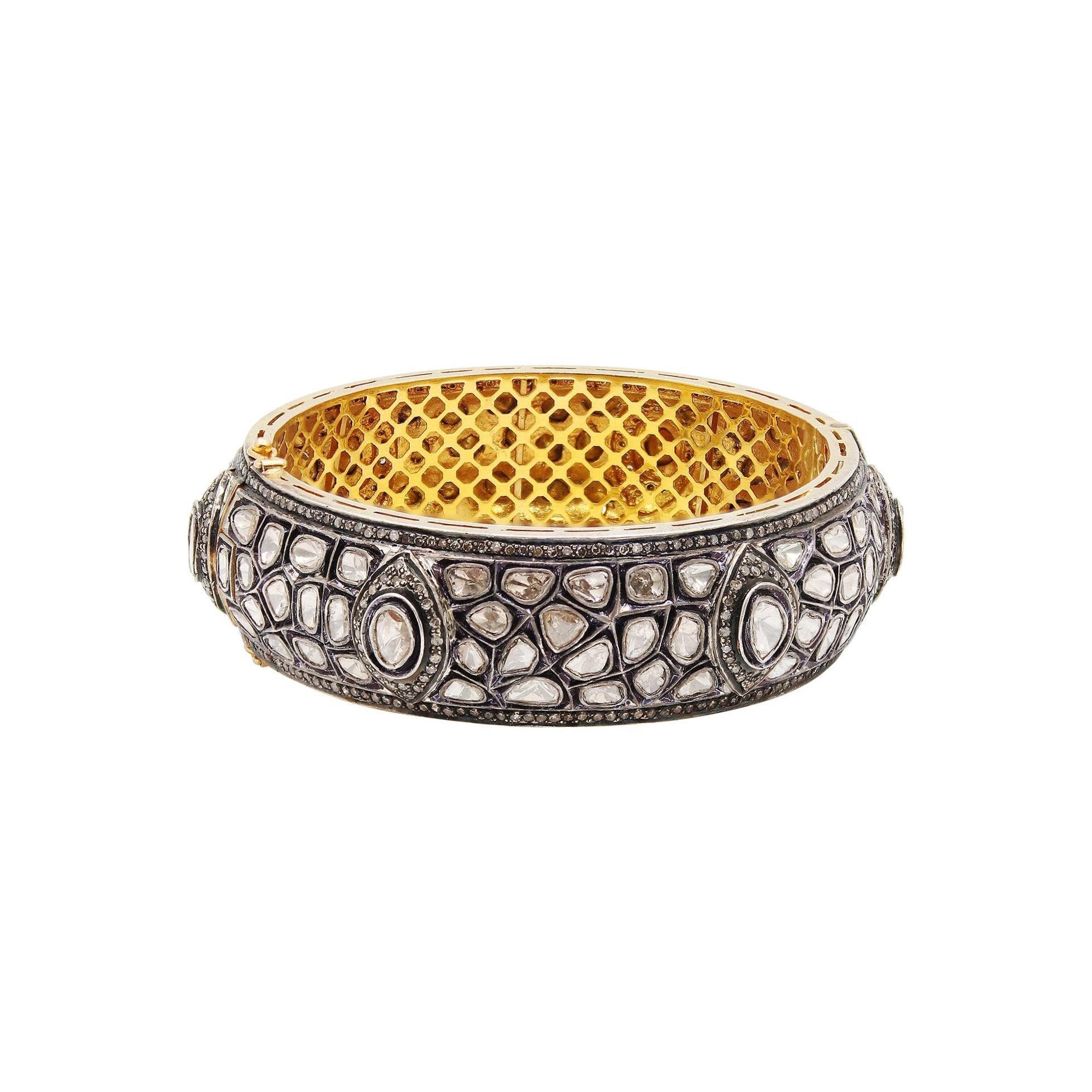 Natural Rose Cut Polki Diamond Handmade Vintage Bracelet 925 Sterling Silver