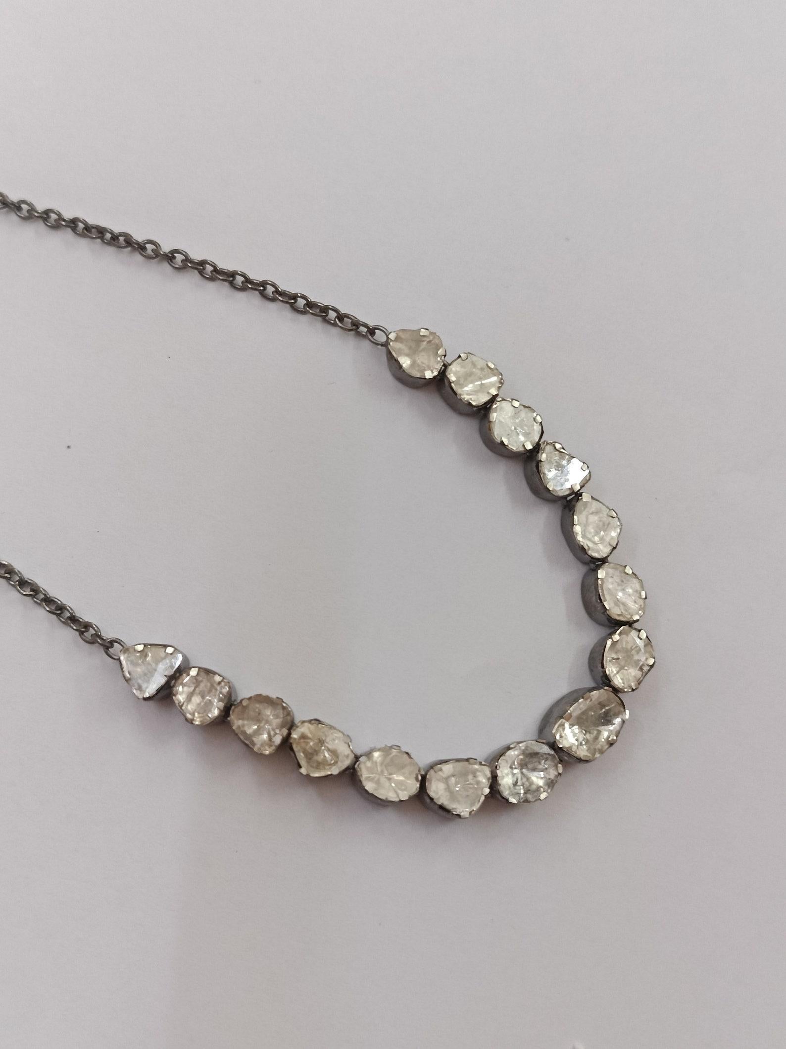 Art Deco Natural Rose Cut Polki Diamond Handmade Vintage Necklace 925 Sterling Silver For Sale
