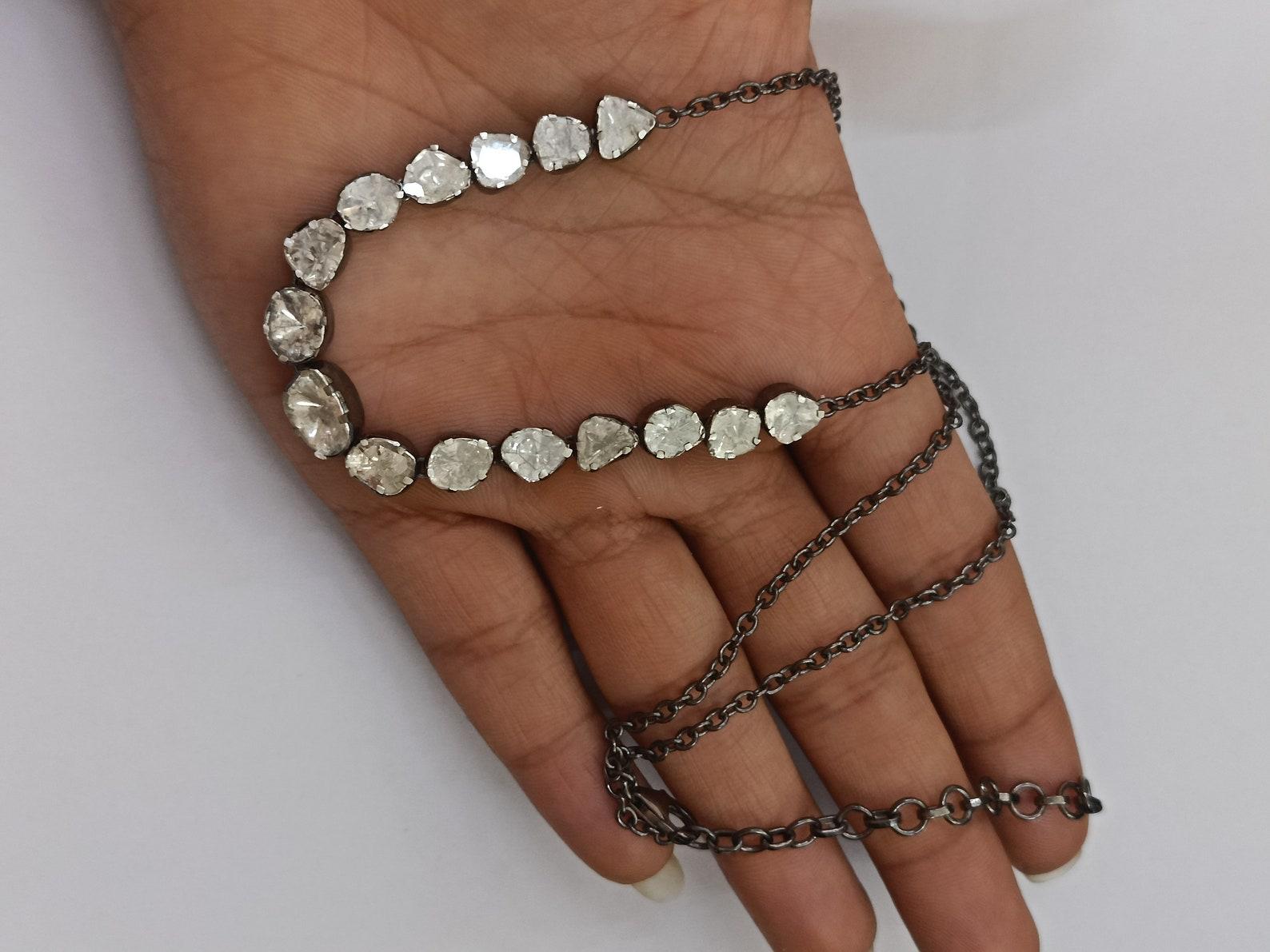 Old Mine Cut Natural Rose Cut Polki Diamond Handmade Vintage Necklace 925 Sterling Silver For Sale