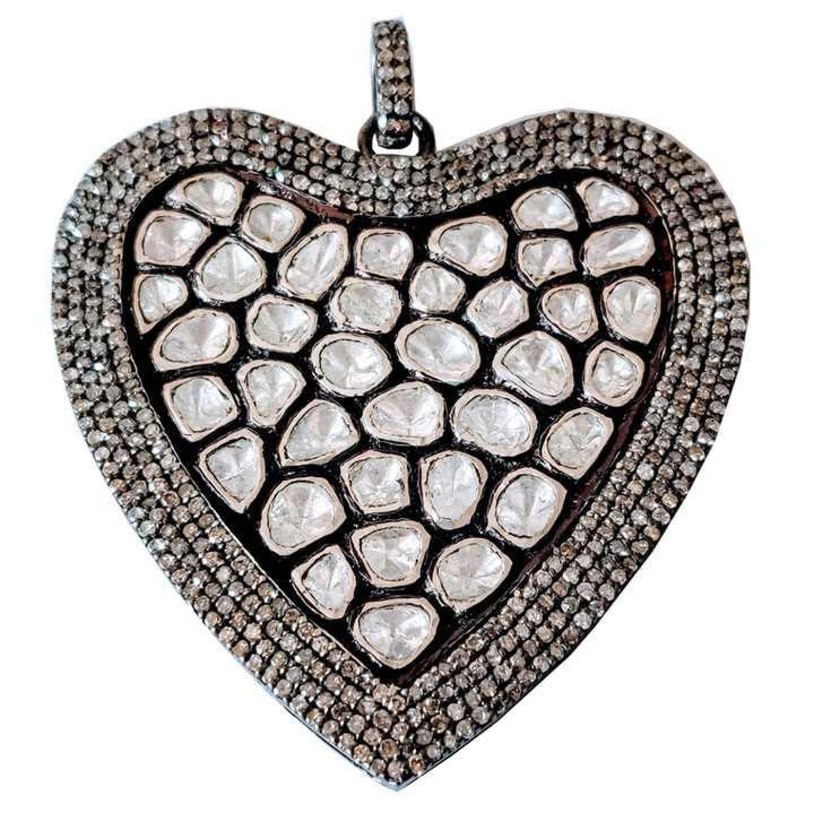 Art déco Diamant naturel Polki taillé en rose  Pendentif en forme de coeur Fait à la main Victorien en vente