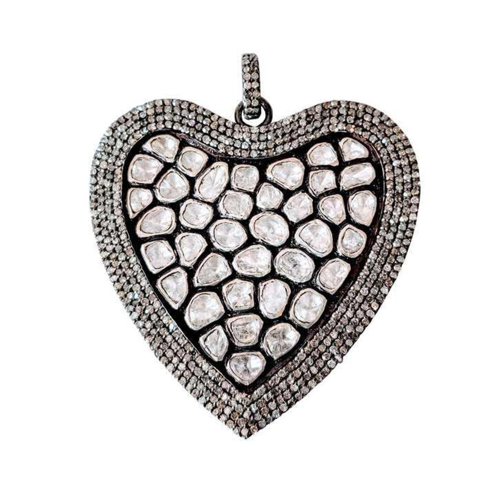 Diamant naturel Polki taillé en rose  Pendentif en forme de coeur Fait à la main Victorien Neuf - En vente à Chicago, IL