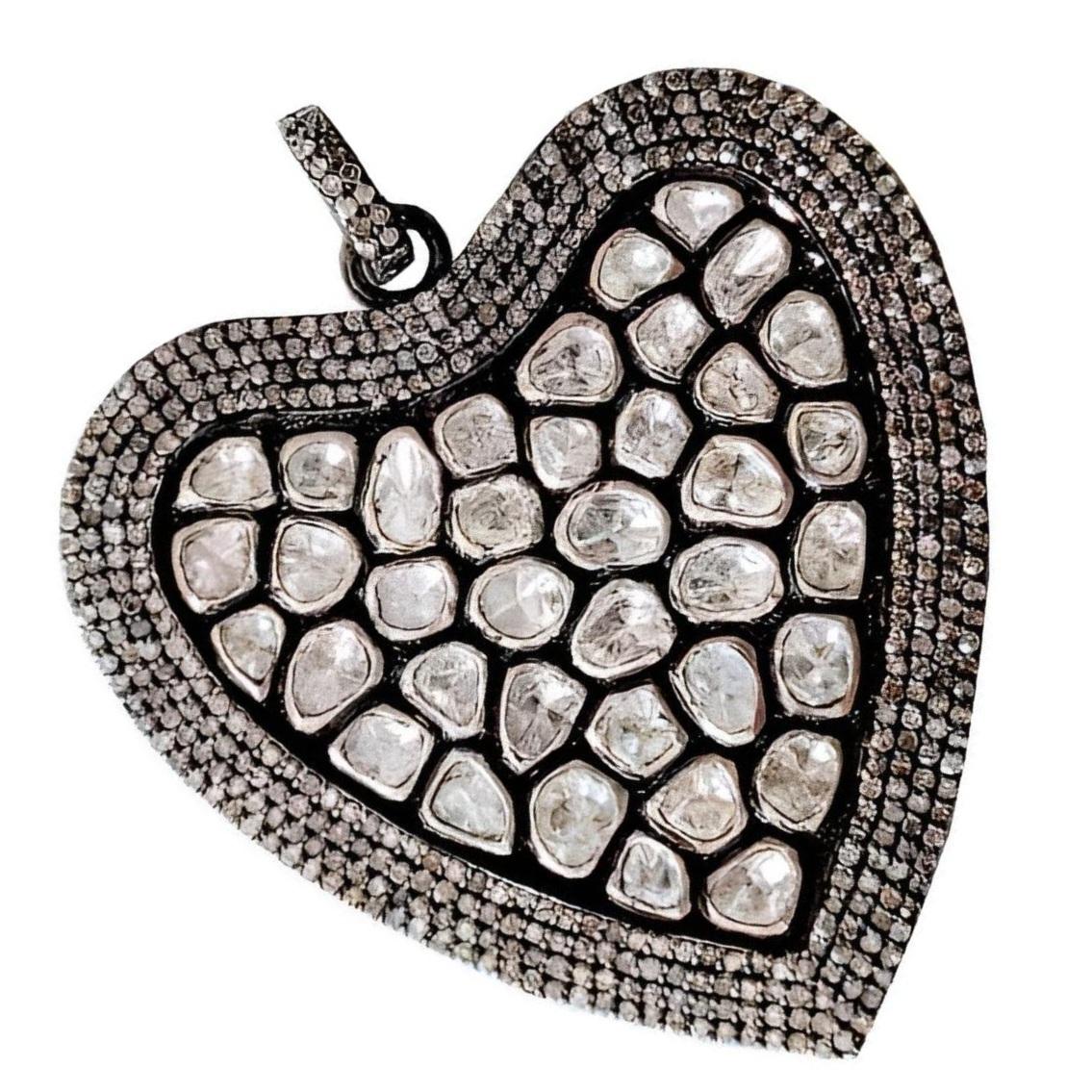Diamant naturel Polki taillé en rose  Pendentif en forme de coeur Fait à la main Victorien en vente 1