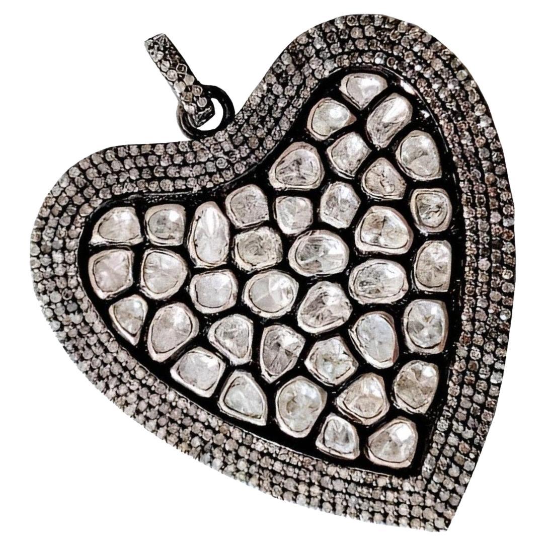 Natural Rose Cut Polki Diamond  heart shape Pendant Handmade Victorian