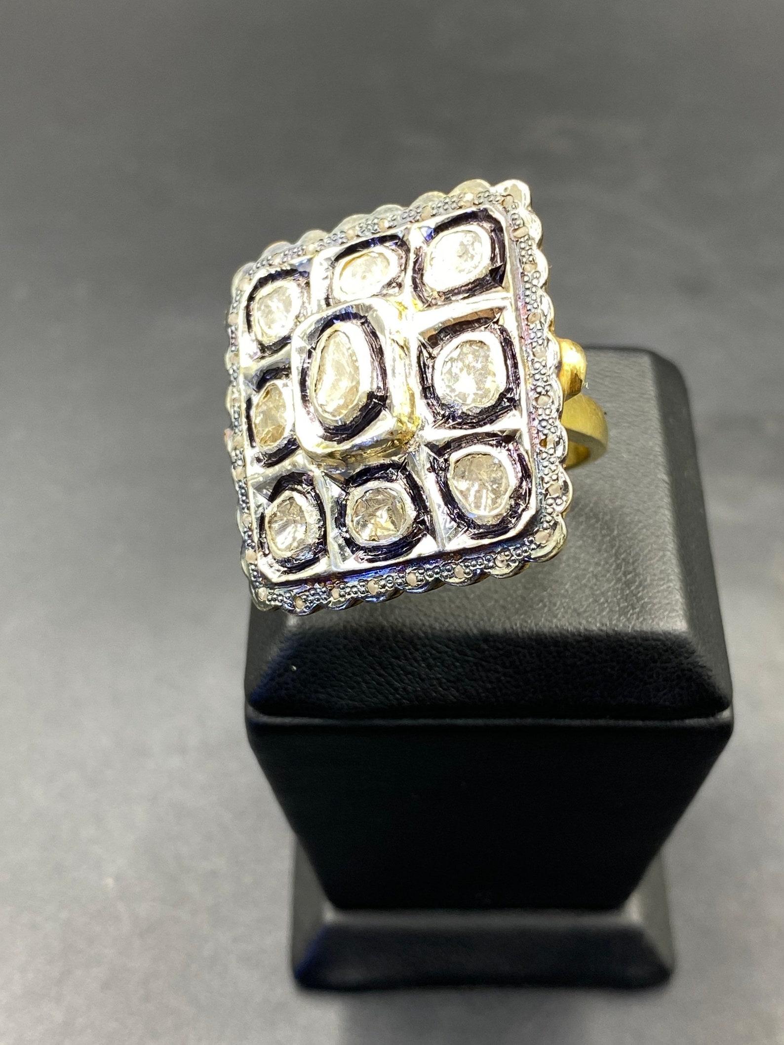 Art Deco Natural Rose Cut Polki Diamond Ring 925 Sterling Silver Handmade Vintage Ring. For Sale