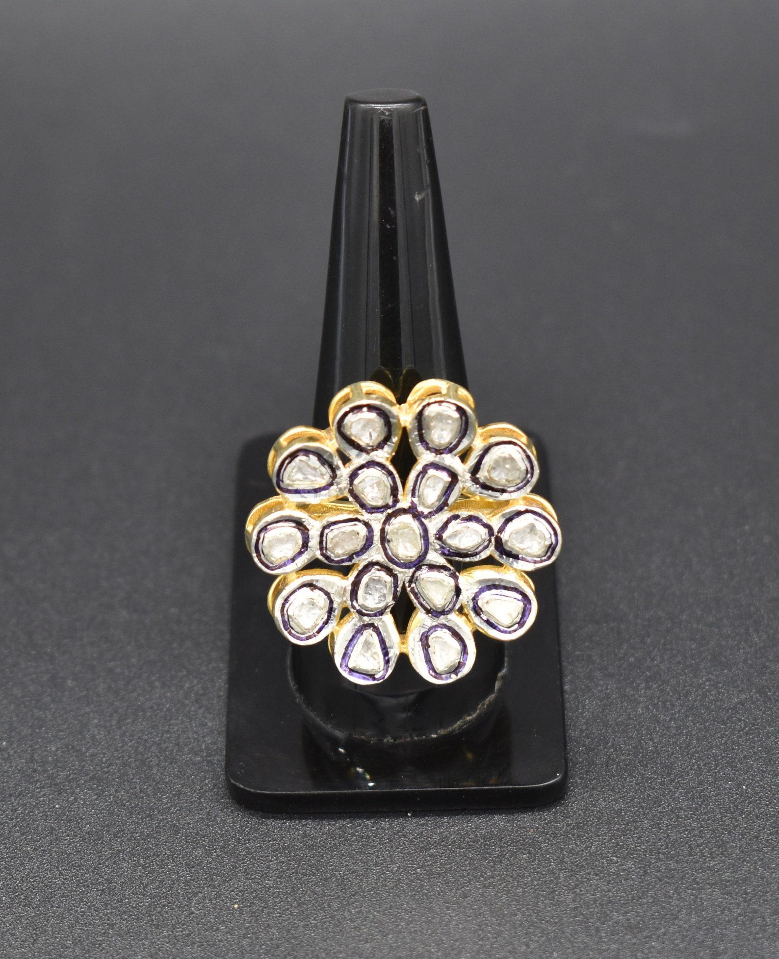Uncut Natural Rose Cut Polki Diamond Ring 925 Sterling Silver Handmade Vintage Ring. For Sale