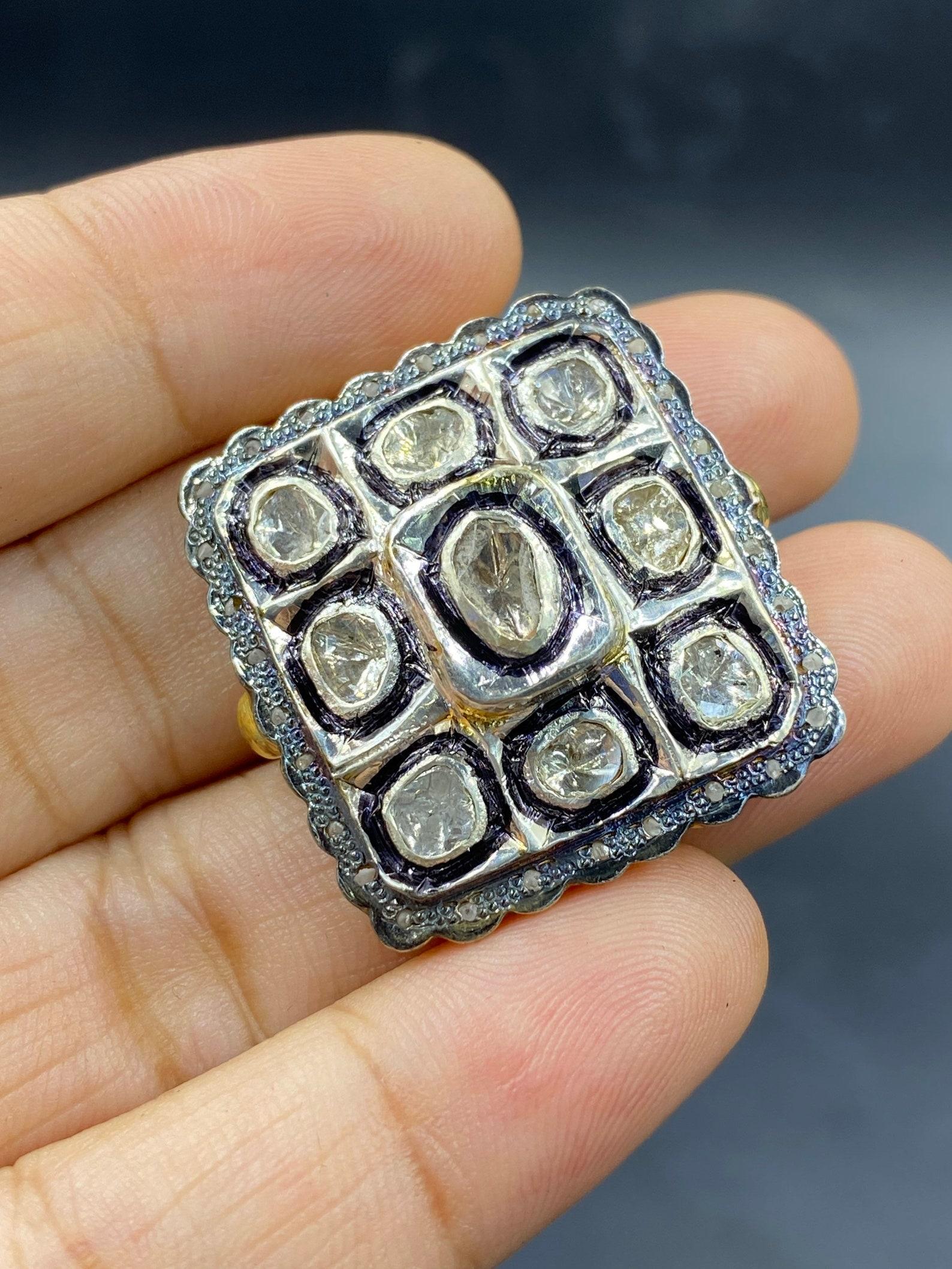 Natural Rose Cut Polki Diamond Ring 925 Sterling Silver Handmade Vintage Ring. In New Condition For Sale In Chicago, IL