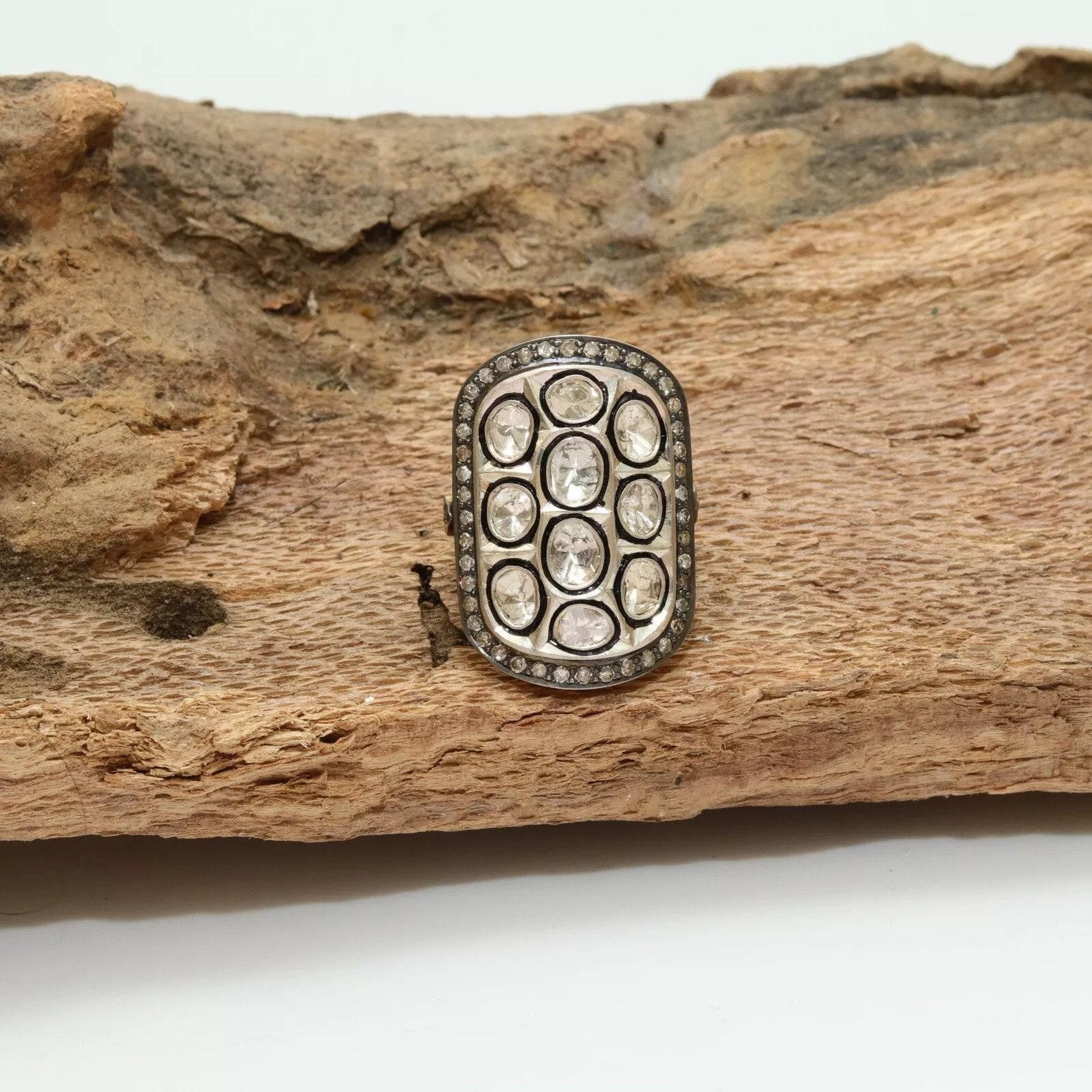Natural Rose Cut Polki Diamond Ring 925 Sterling Silver Handmade Vintage Ring. In New Condition For Sale In Chicago, IL