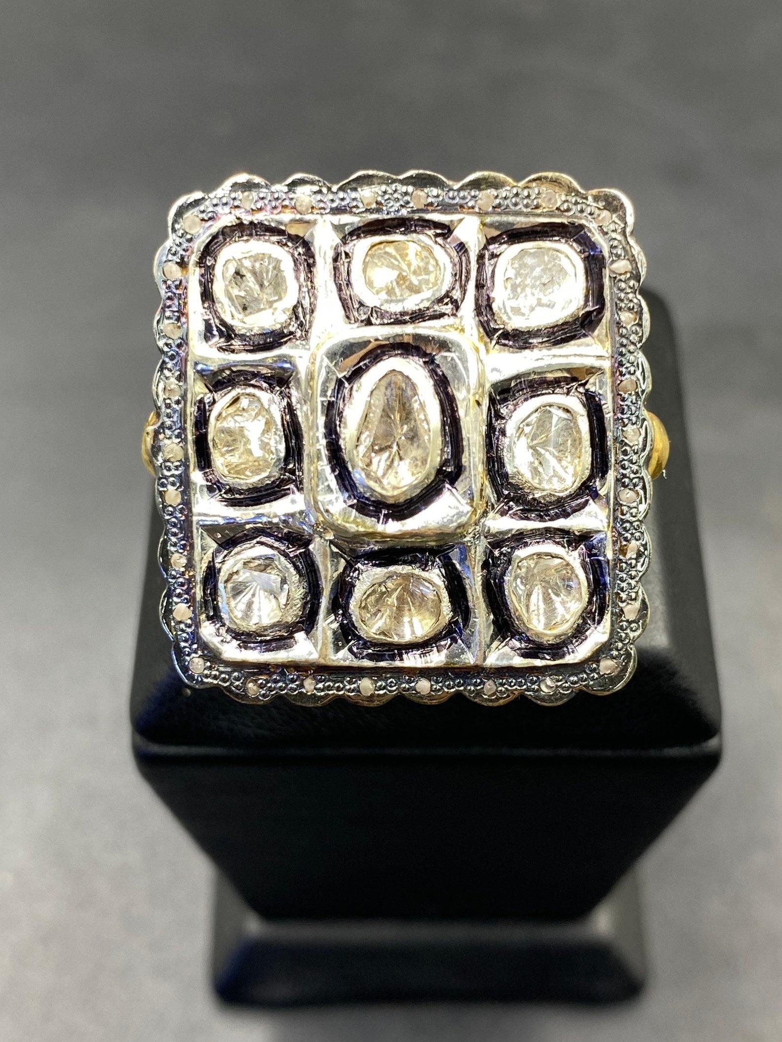 Women's or Men's Natural Rose Cut Polki Diamond Ring 925 Sterling Silver Handmade Vintage Ring. For Sale