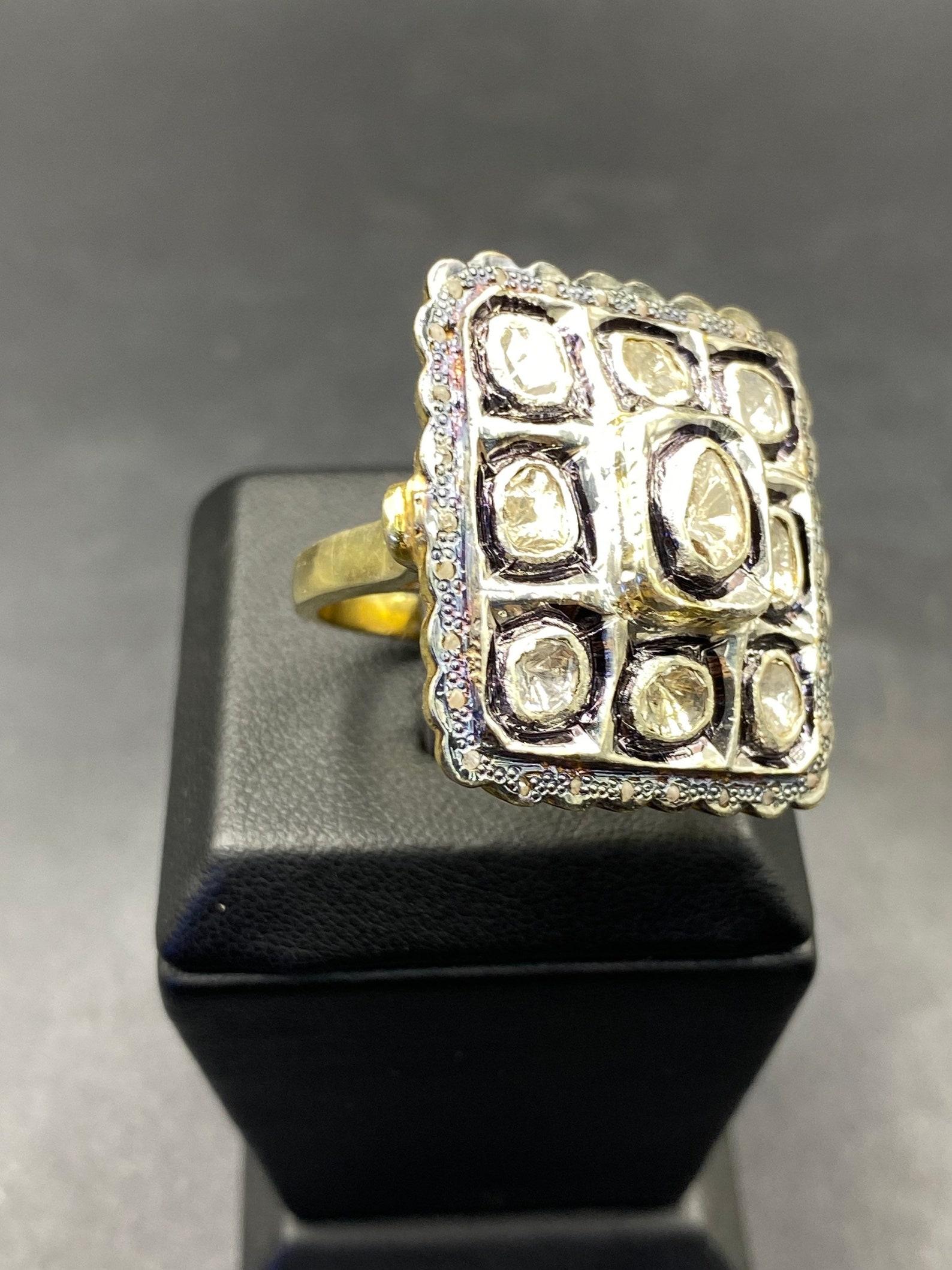 Natural Rose Cut Polki Diamond Ring 925 Sterling Silver Handmade Vintage Ring. For Sale 1